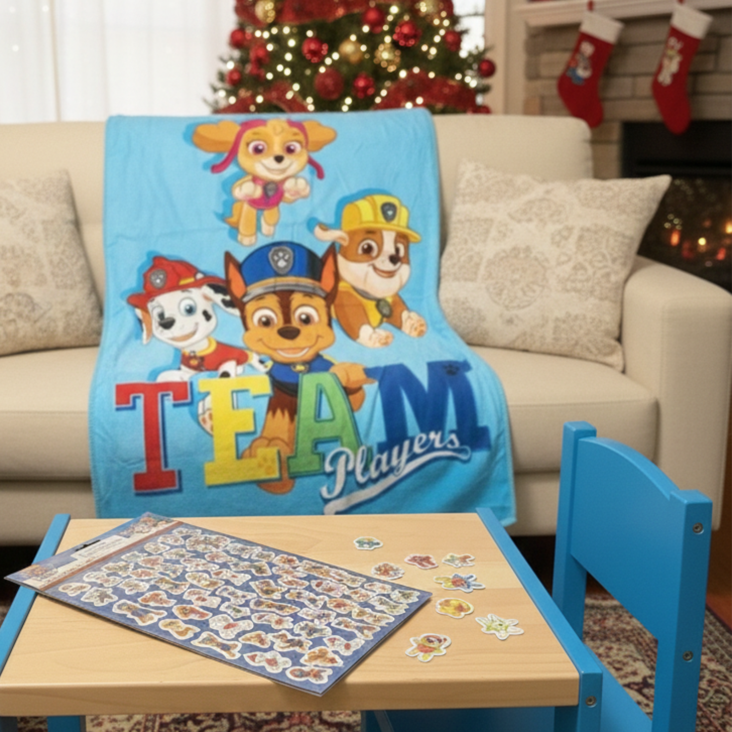 Paw Patrol “Fantastic Team” Fleece Throw + Raised Stickers Bundle
