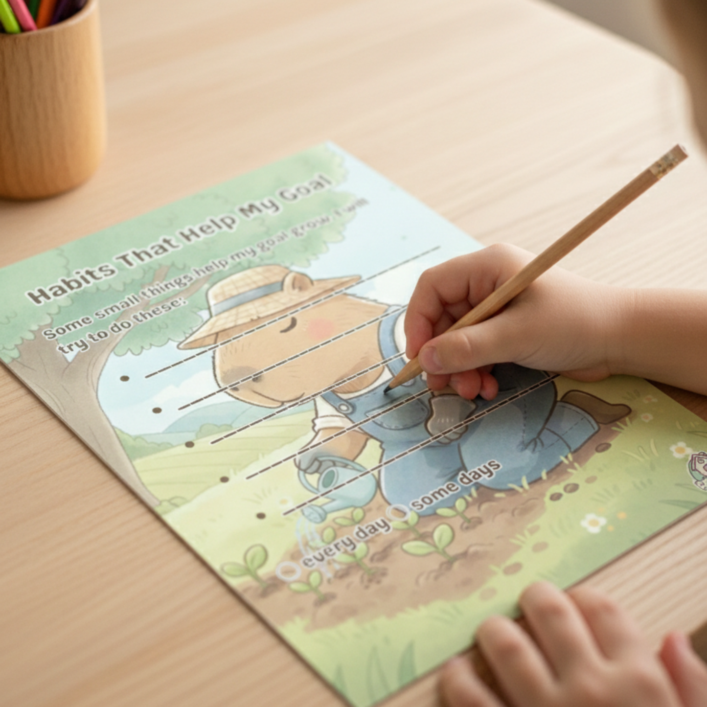 Child using a kids habit journal worksheet in a calm learning environment.