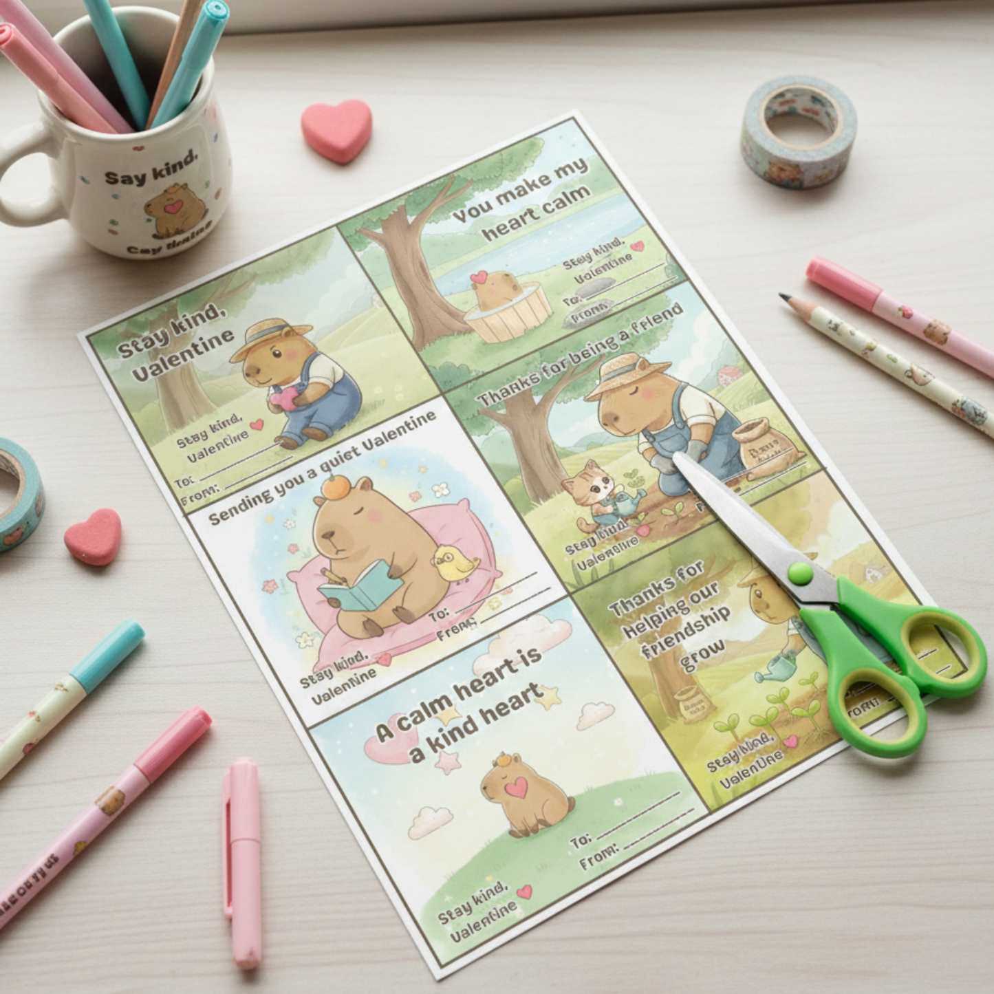 Printable Valentine’s Day cards for kids laid on a desk with scissors nearby, ready to be cut and shared.