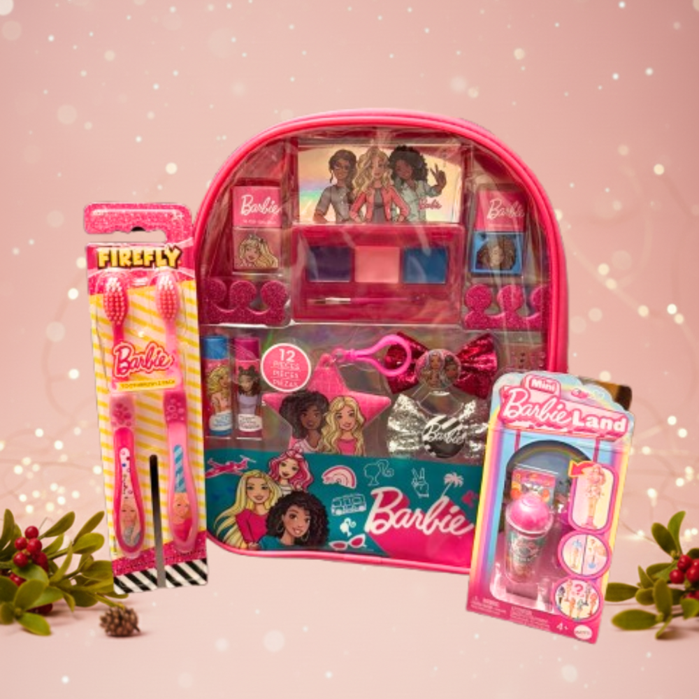 Barbie toy set with pink backpack and accessories on a pink background - KWtoyszone | Proudly Canadian