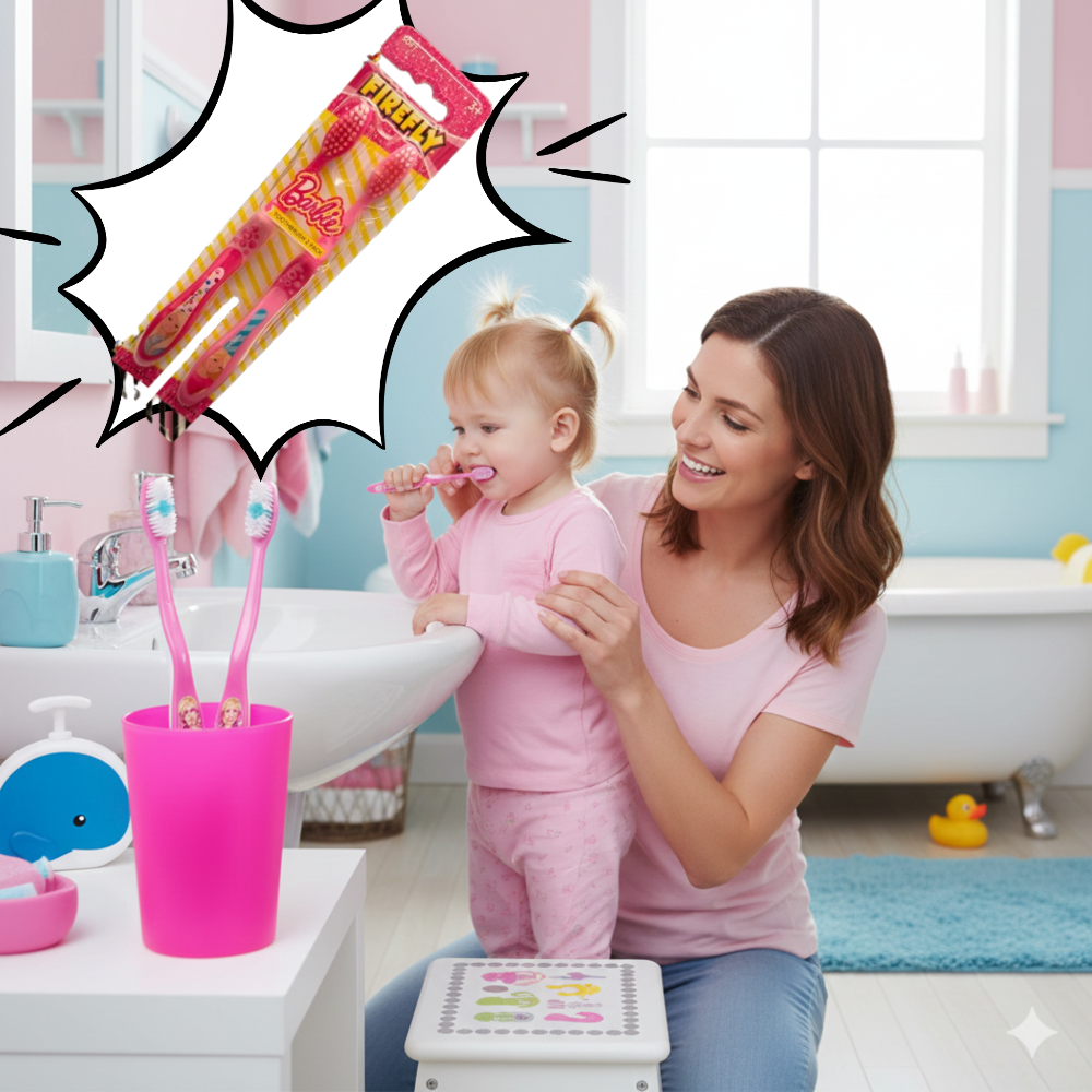 Woman and child brushing teeth together with a cartoon toothbrush in a bathroom setting - KWtoyszone | Proudly Canadian