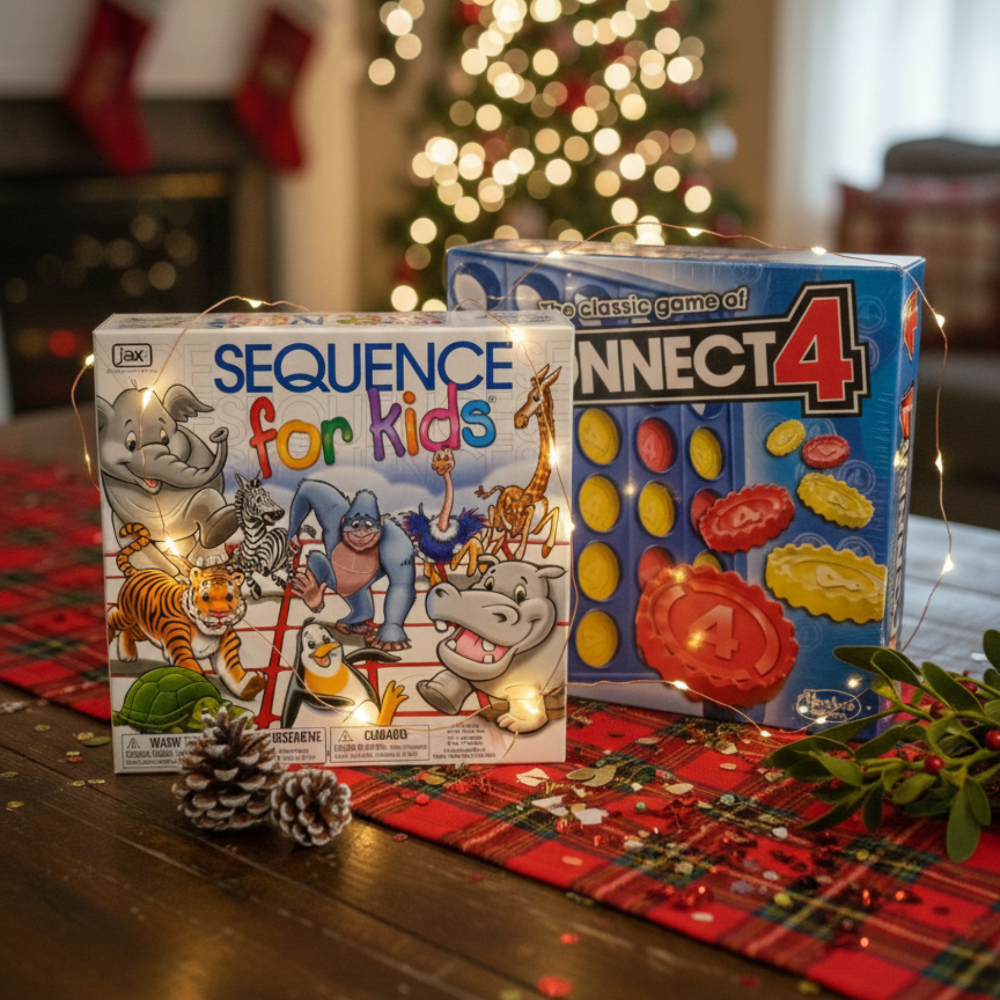 Two board game boxes, 'Sequence for Kids' and 'Connect 4', on a table with Christmas decorations - KWtoyszone | Proudly Canadian