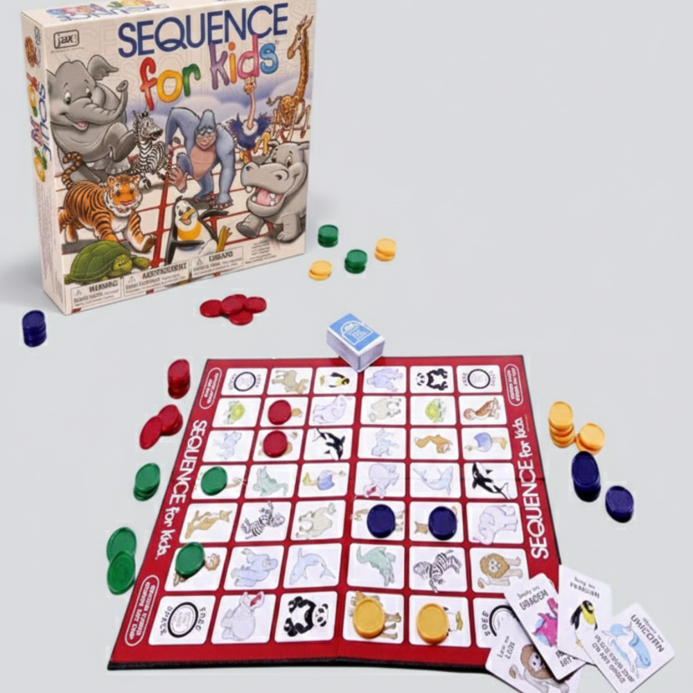 Board game 'Sequence for Kids' with board, cards, and pieces on a light gray background - KWtoyszone | Proudly Canadian