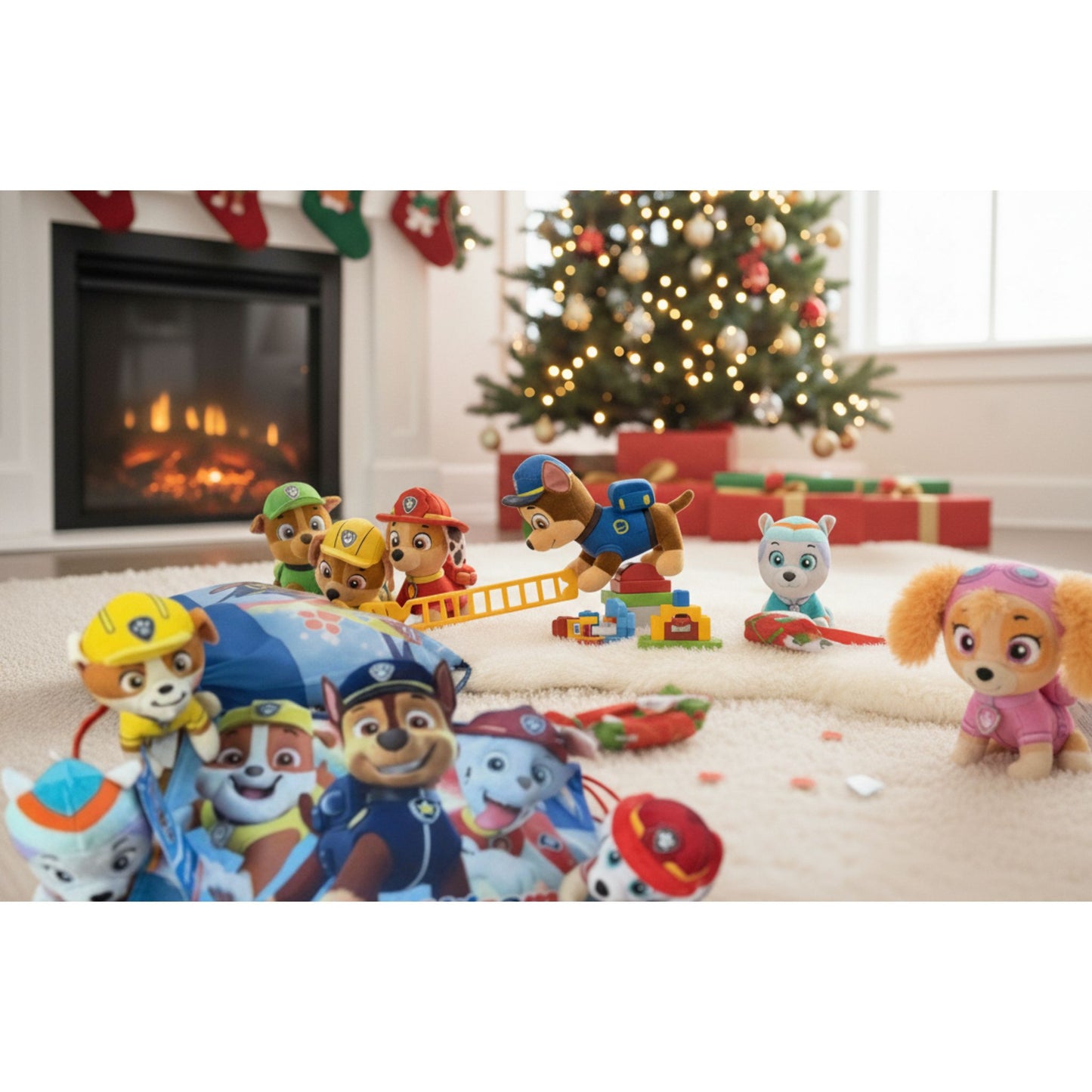 Close-up of Paw Patrol plush toys featuring Chase, Marshall, and Skye