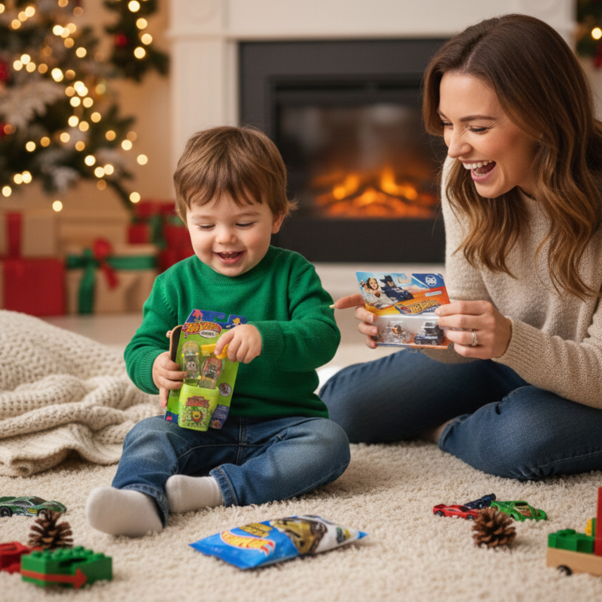 Woman and child playing with toys in a cozy living room with Christmas decorations - KWtoyszone | Proudly Canadian