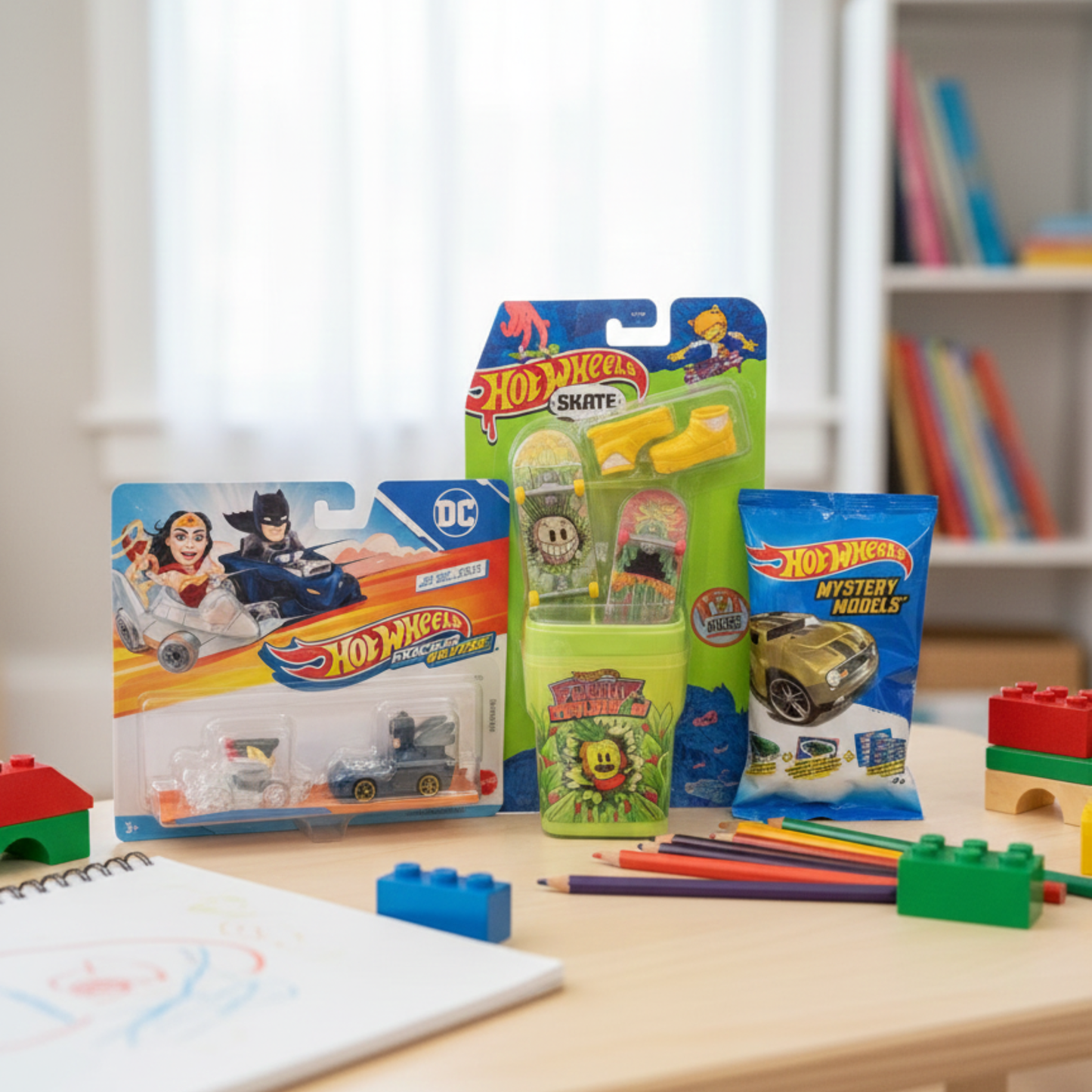 Hot Wheels toy packages on a table with building blocks and pencils - KWtoyszone | Proudly Canadian