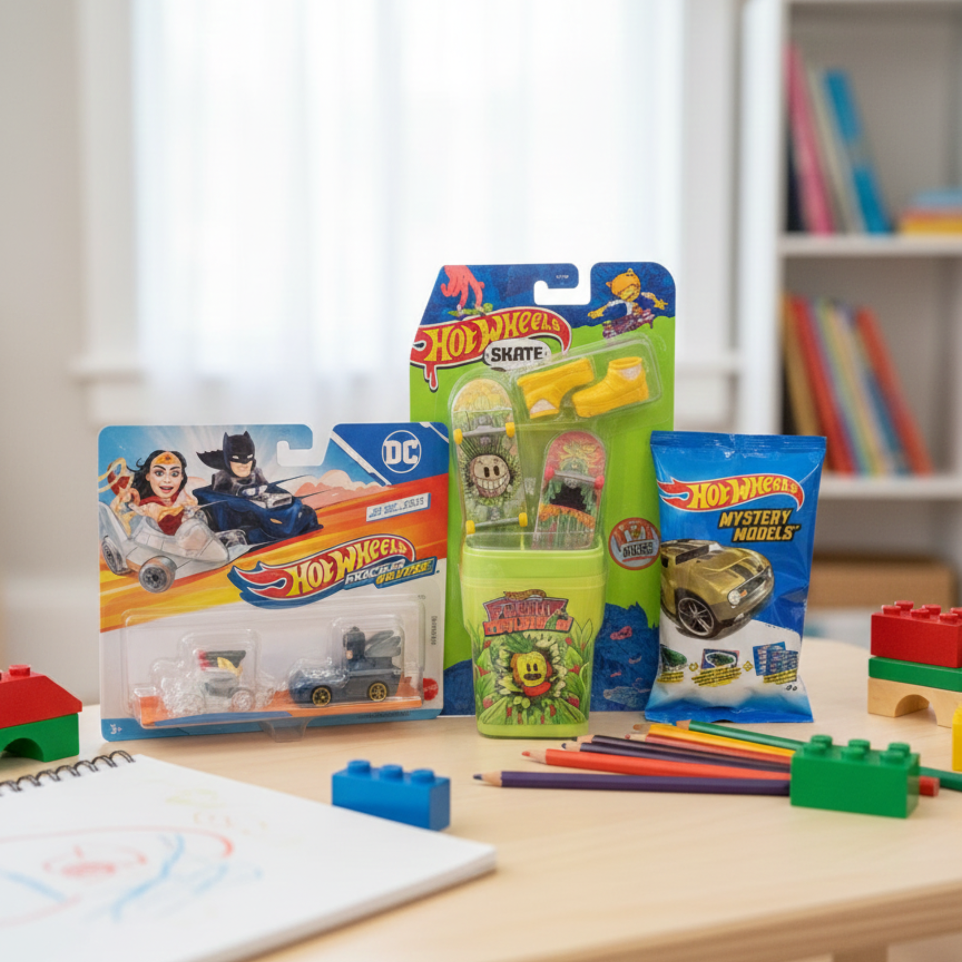 Hot Wheels toy packages on a table with building blocks and pencils - KWtoyszone | Proudly Canadian