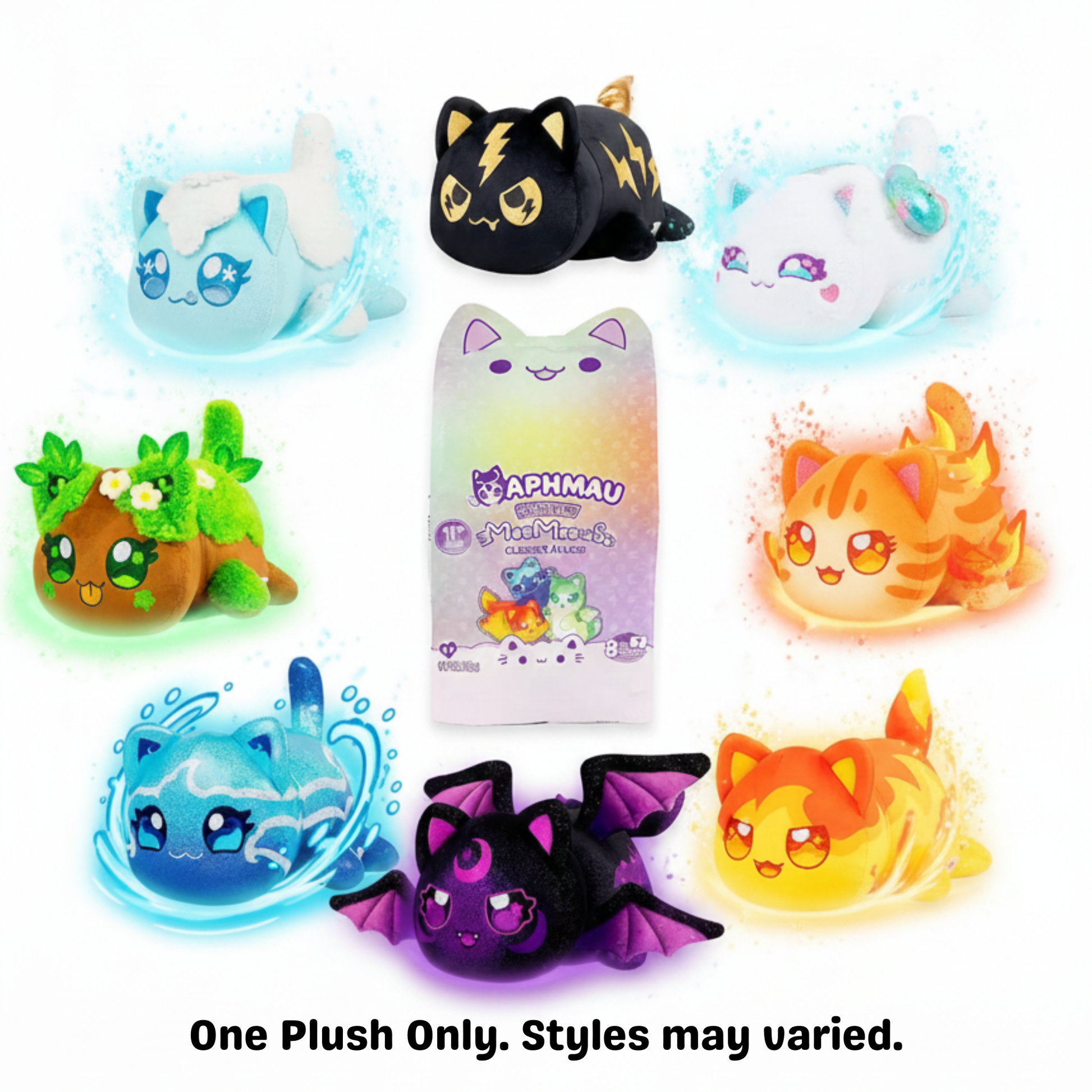 Collection of colorful plush toys with a central packaging displaying 'APIMAU' brand - KWtoyszone | Proudly Canadian