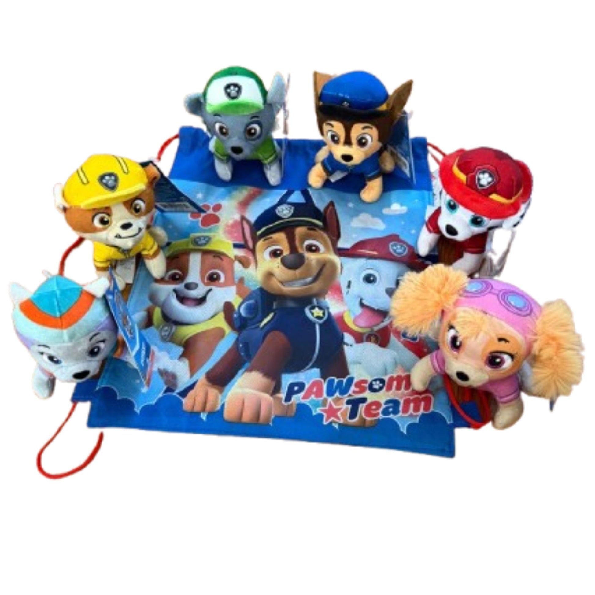 All six Paw Patrol character mini plush toys displayed together