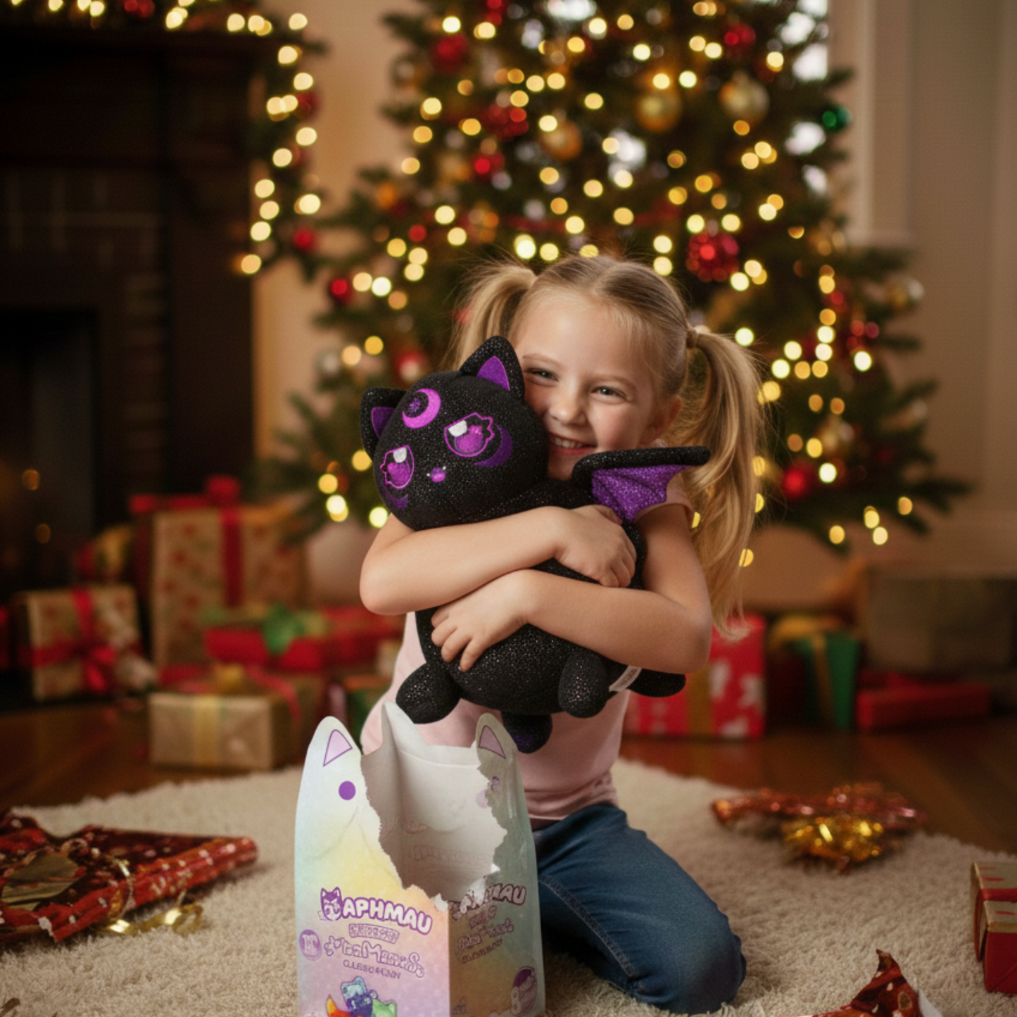 Child holding a plush toy in front of a decorated Christmas tree with presents - KWtoyszone | Proudly Canadian