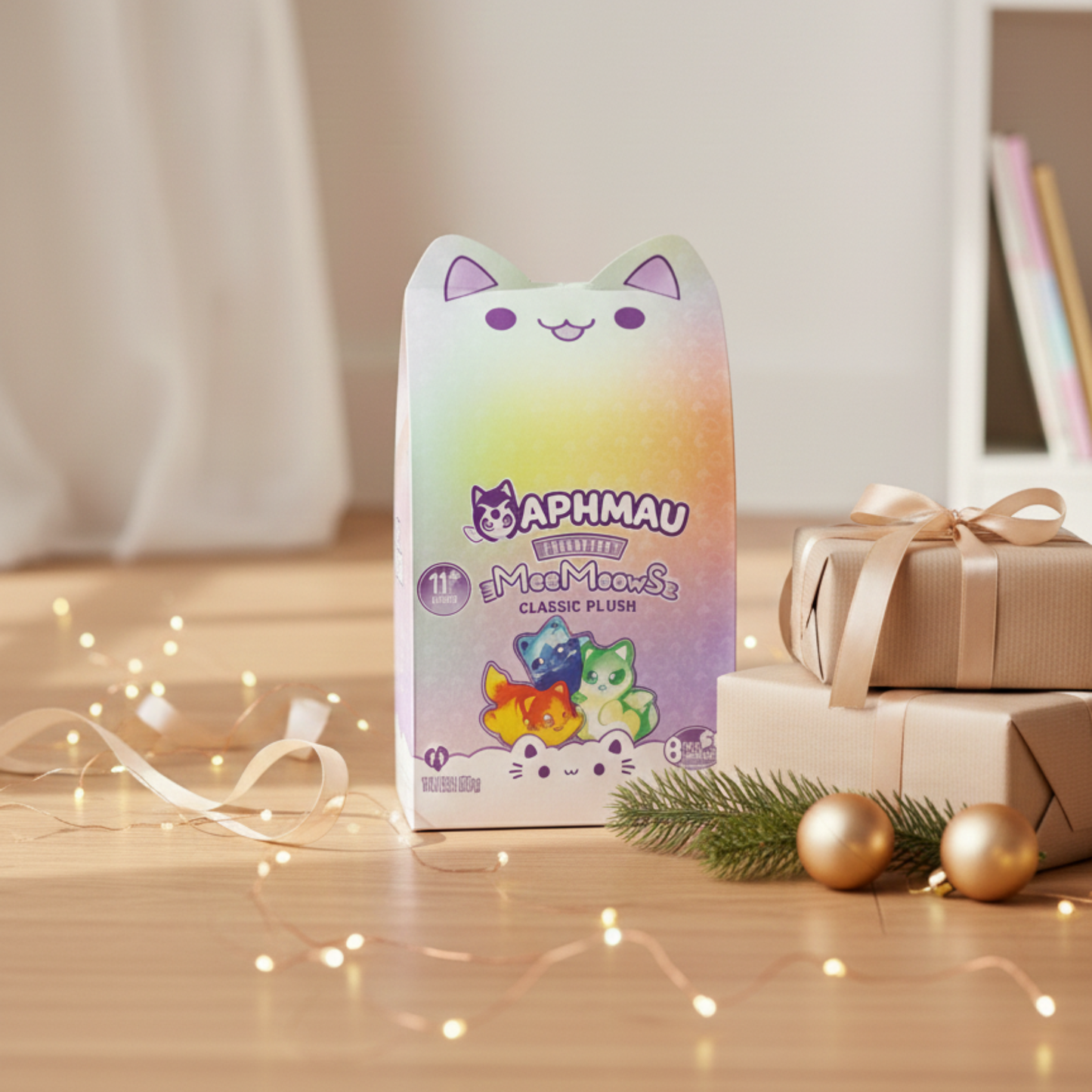 Aphmau plush toy packaging on a wooden surface with Christmas decorations - KWtoyszone | Proudly Canadian