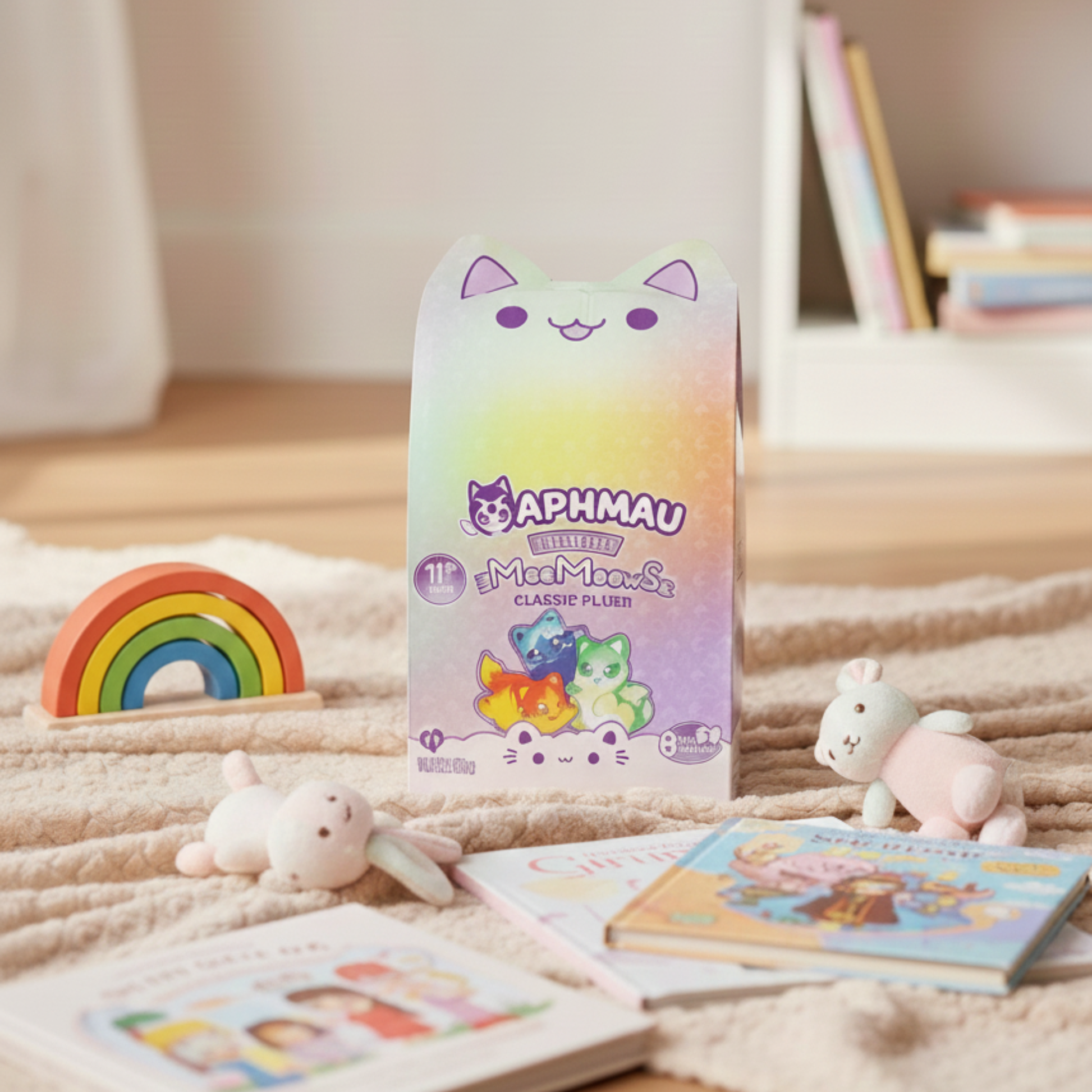 Aphmau MeeMaws plush toy packaging on a bed with toys and books around - KWtoyszone | Proudly Canadian