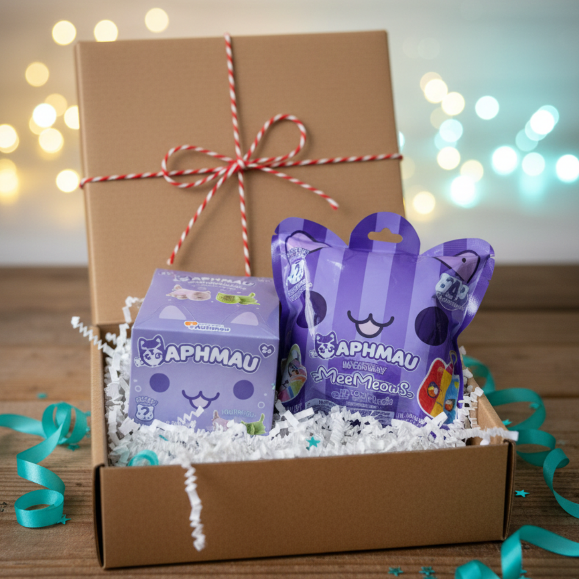 Gift box withAPHMAU products on a wooden surface with blurred lights in the background - KWtoyszone | Proudly Canadian
