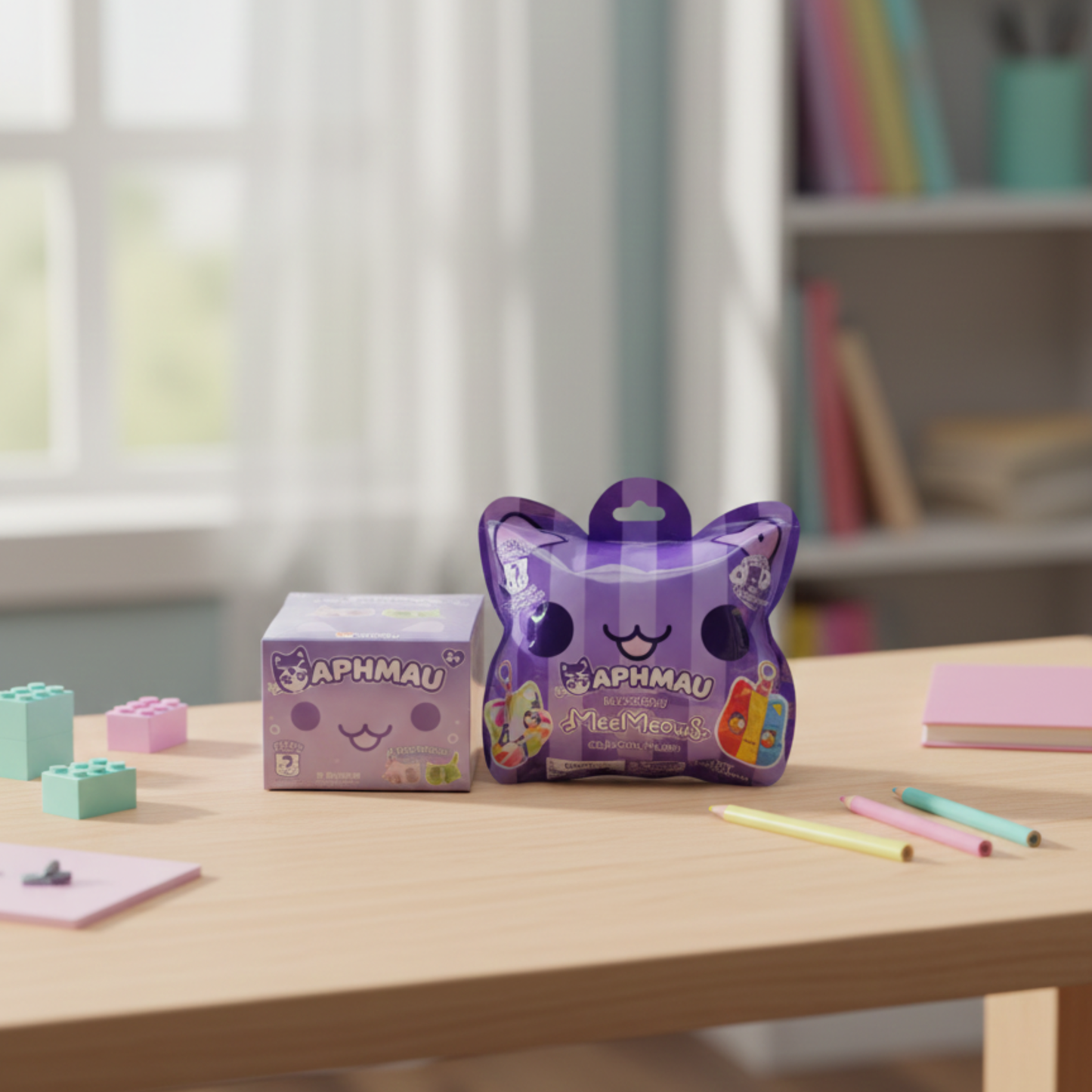 Purple APHMAU plush toy on a table with colorful stationery items - KWtoyszone | Proudly Canadian