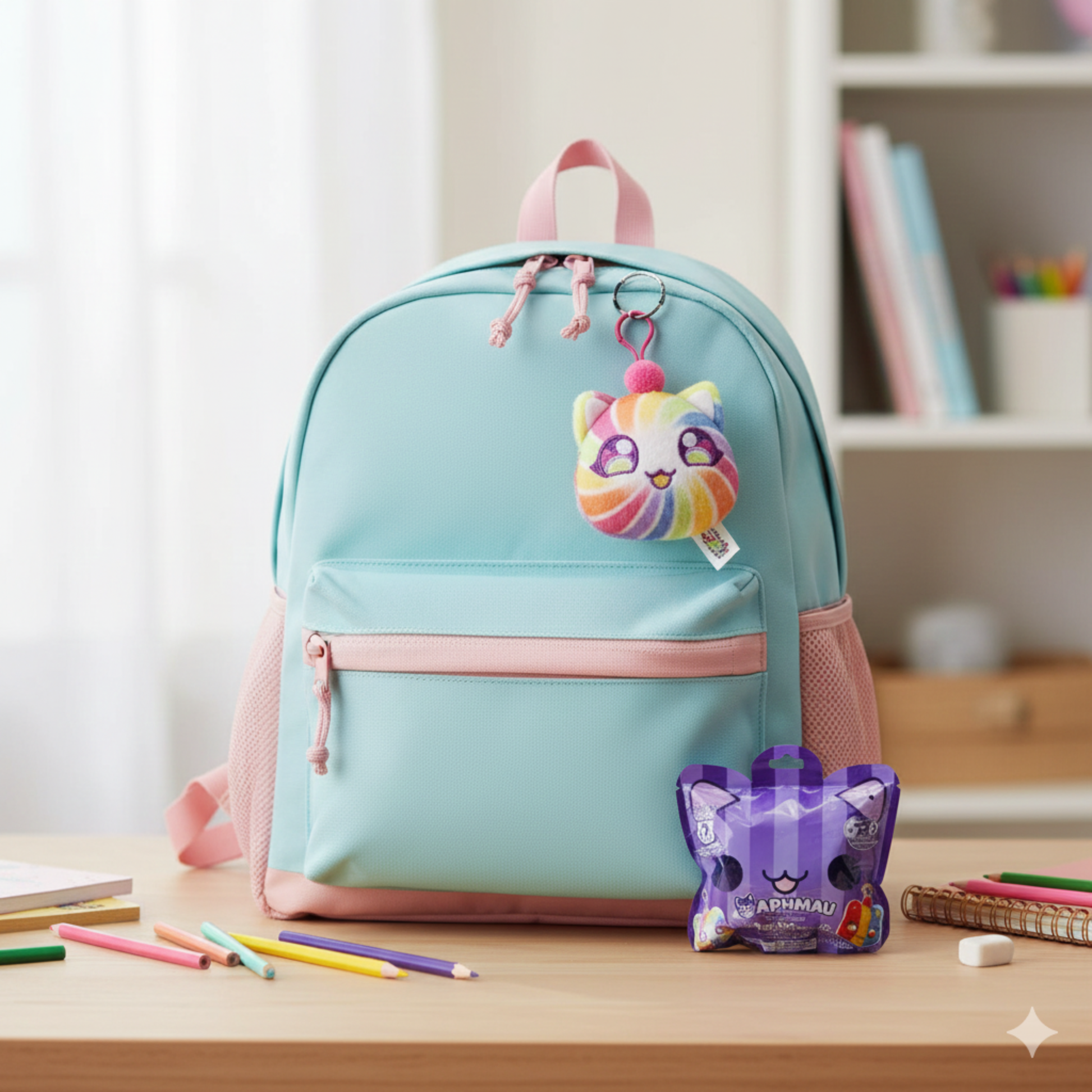Light blue backpack with a colorful keychain on a wooden surface  - KWtoyszone | Proudly Canadian