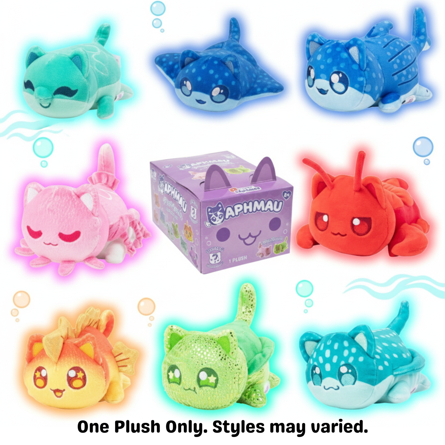 Collection of colorful plush toys with a central box labeled 'Aphmau' on a light blue background  - KWtoyszone | Proudly Canadian