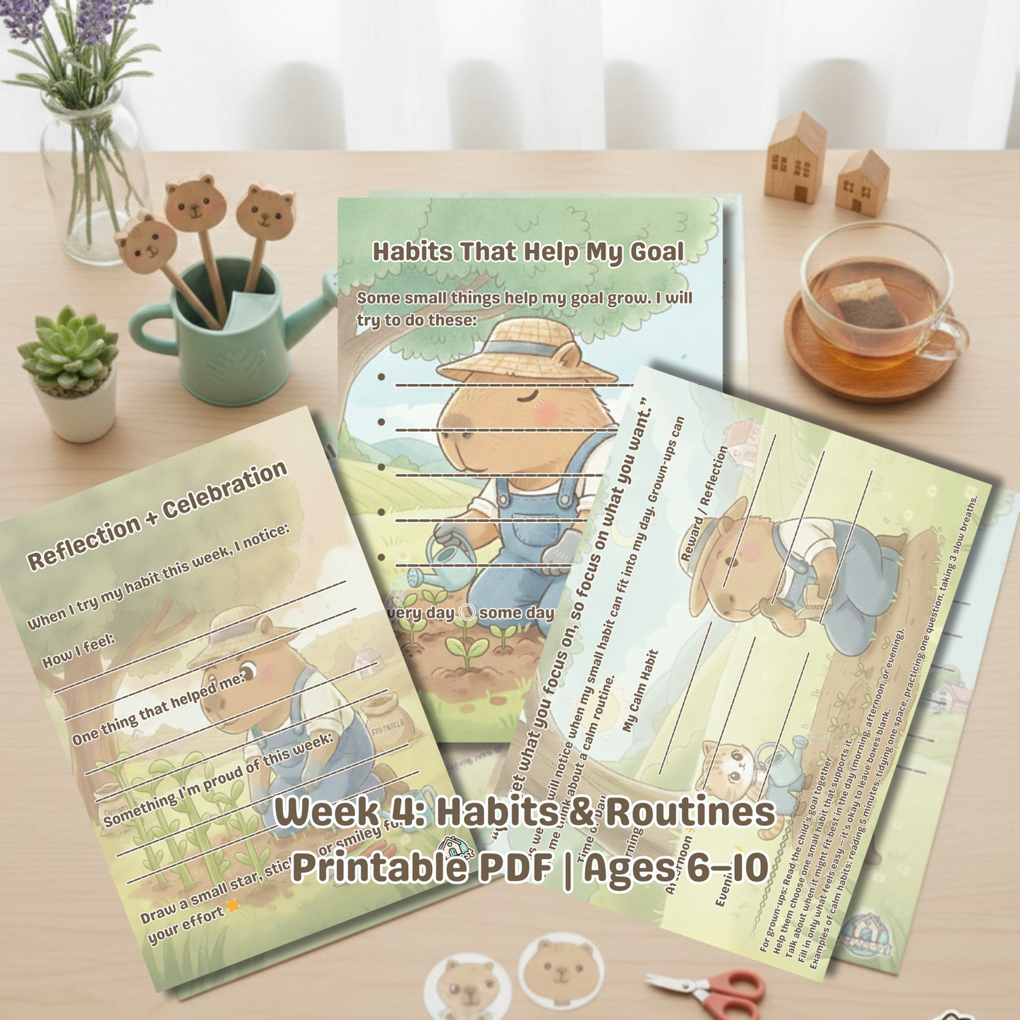 Preview of Week 4 kids habit and routine journal pages showing planner, habits, and reflection worksheets.