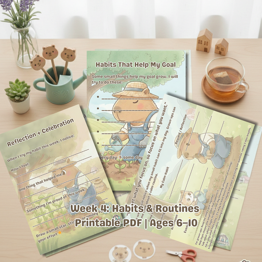 Preview of Week 4 kids habit and routine journal pages showing planner, habits, and reflection worksheets.