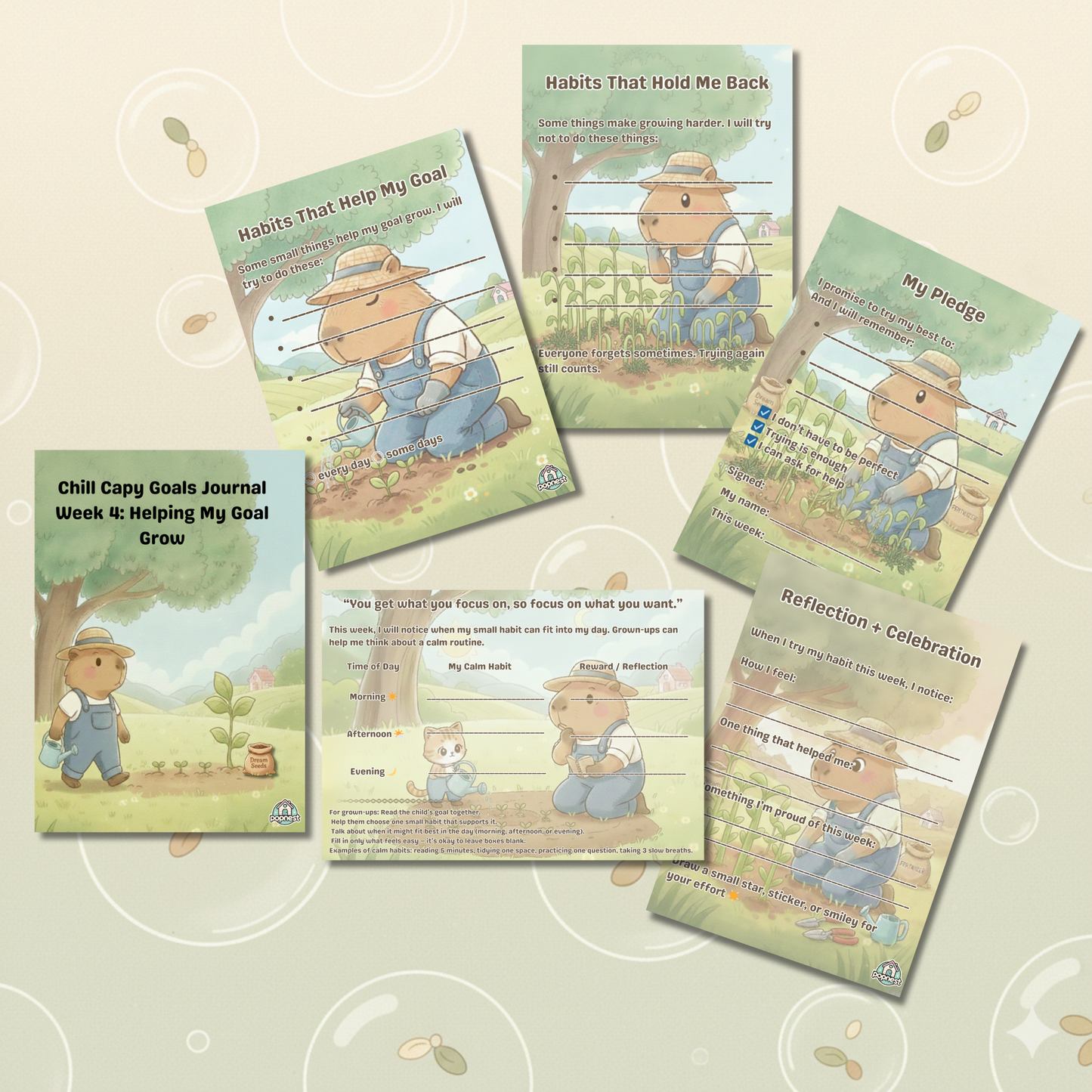 All six pages included in the Week 4 Chill Capy habit journal for kids ages 6–10.