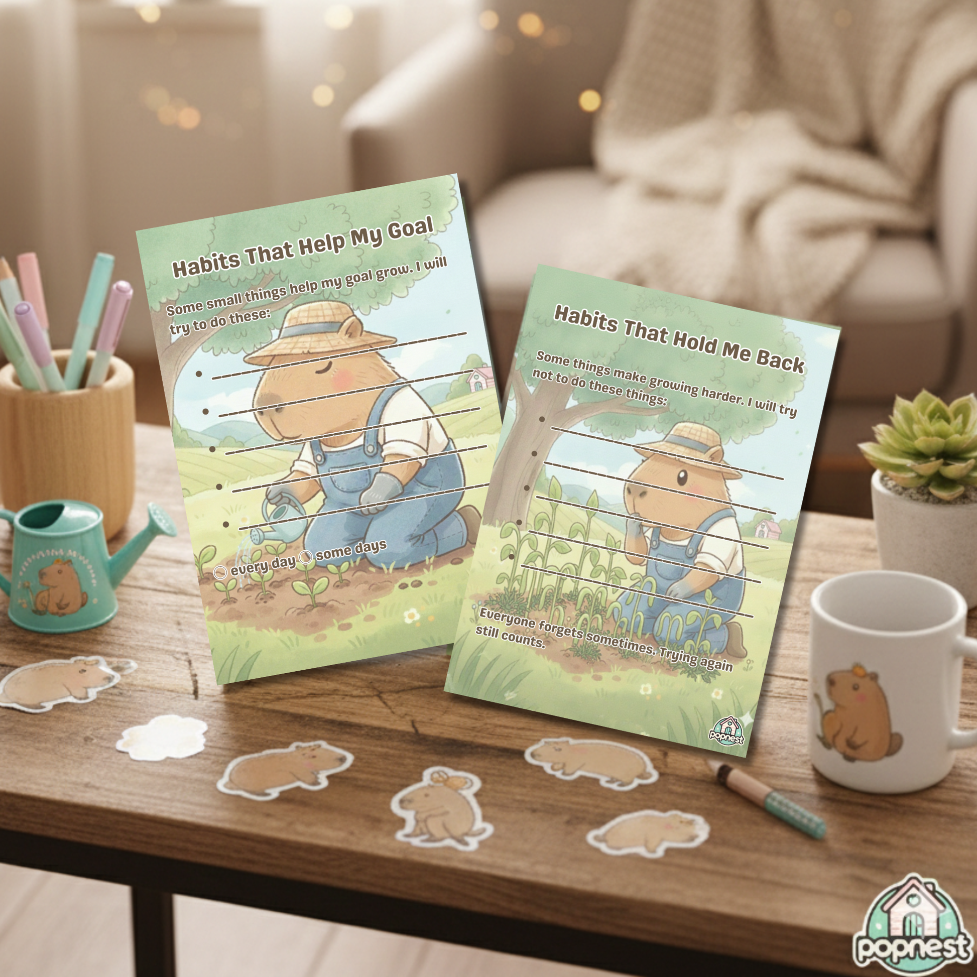 Kids journal pages showing habits that help goals grow and habits that slow growth.