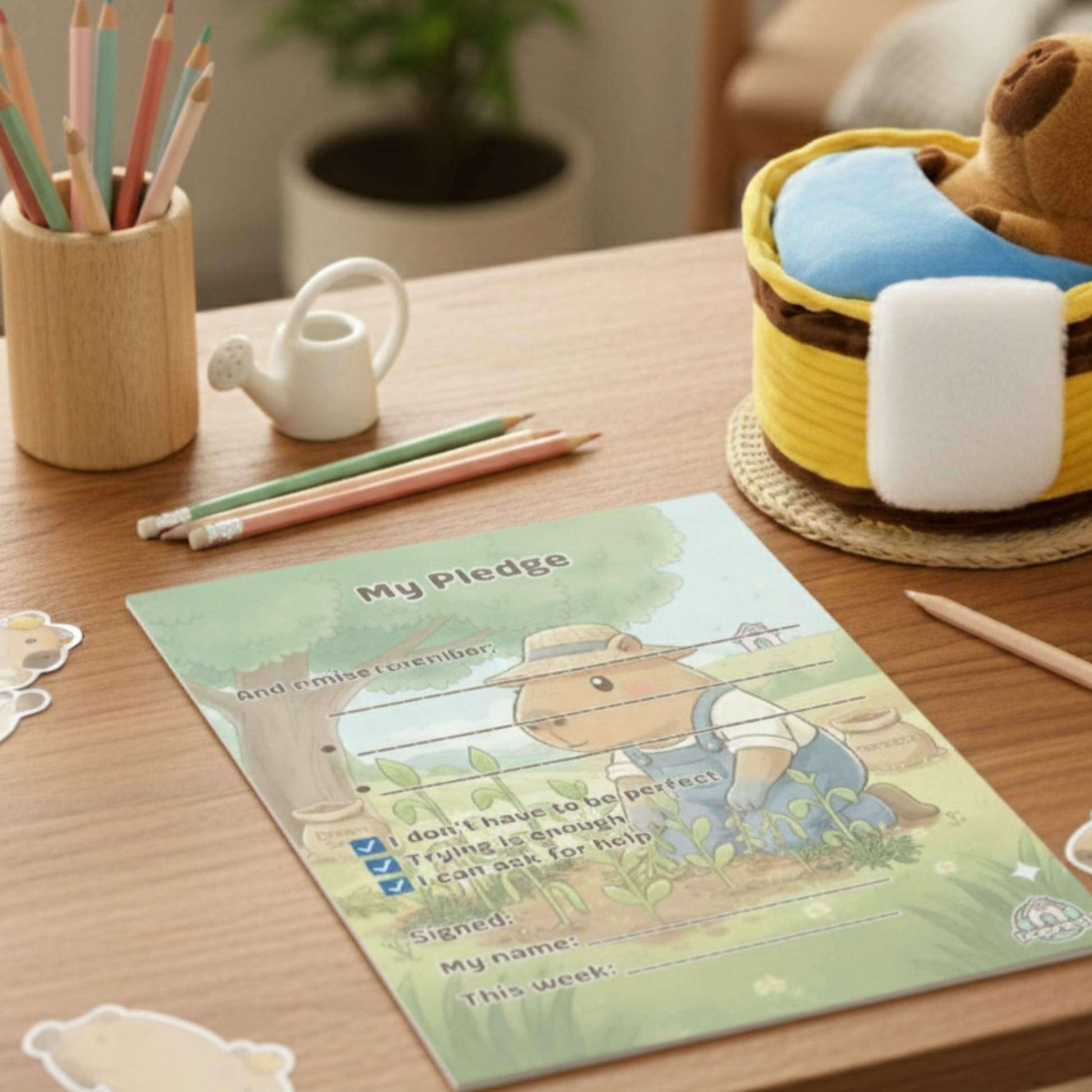 Kids habit pledge journal page encouraging calm commitment and effort.