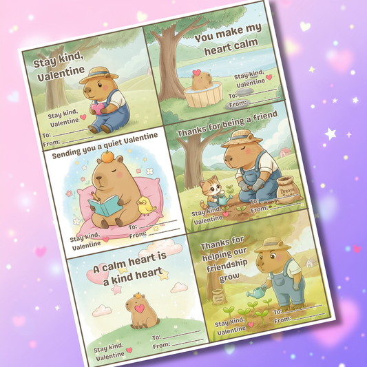 Printable Valentine’s Day cards for kids featuring six positive affirmation designs on one page, created by PopNest.