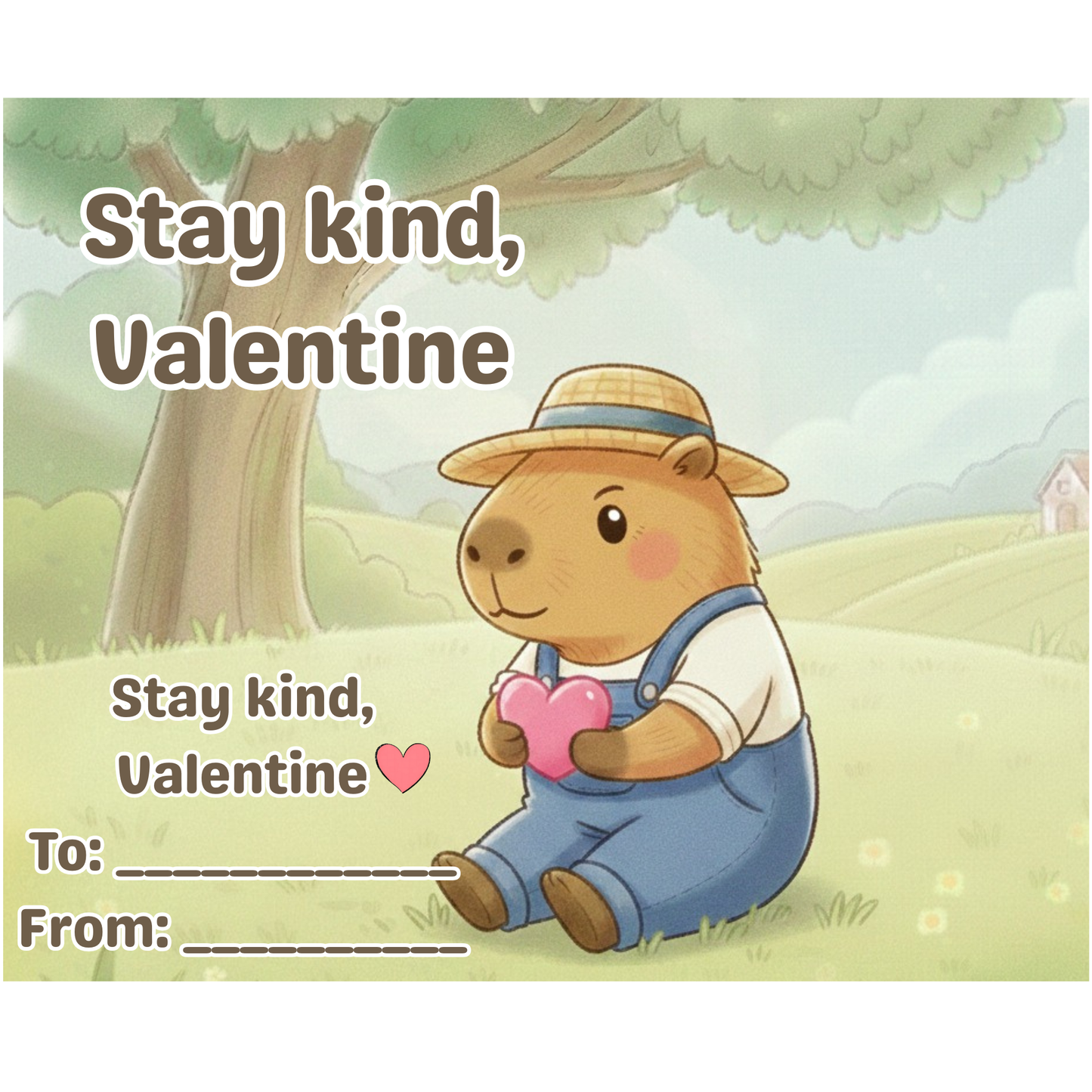 Chill Capy Valentine card sitting on the hill holding heart