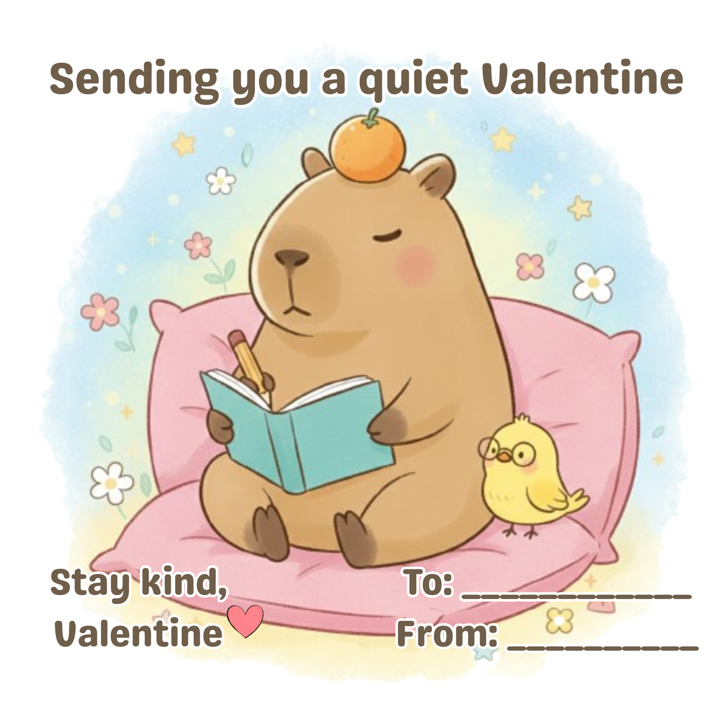 Chill Capy Valentine card reading on cushion with cloud background