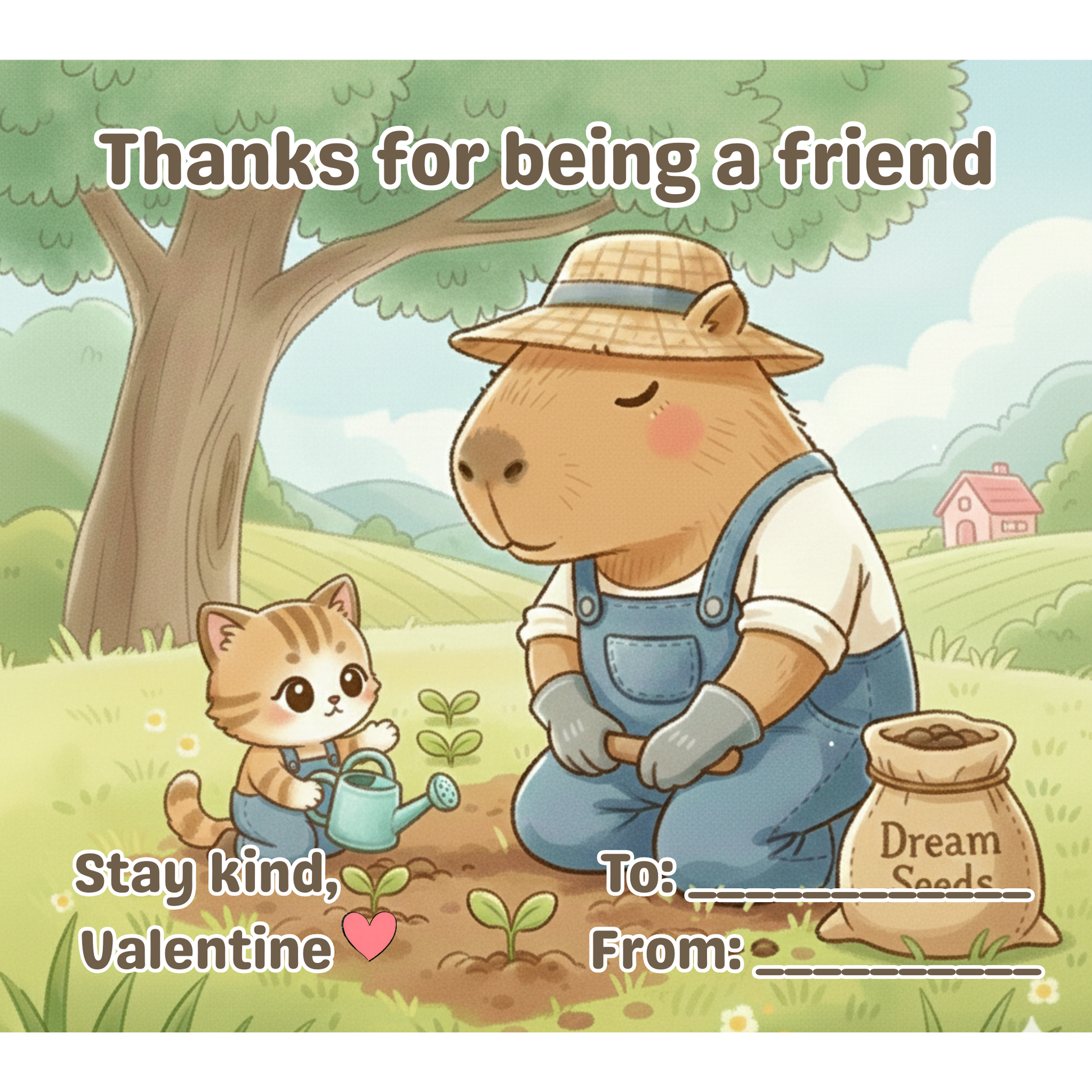 Chill Capy and kitten Valentine card watering plants, friendship theme