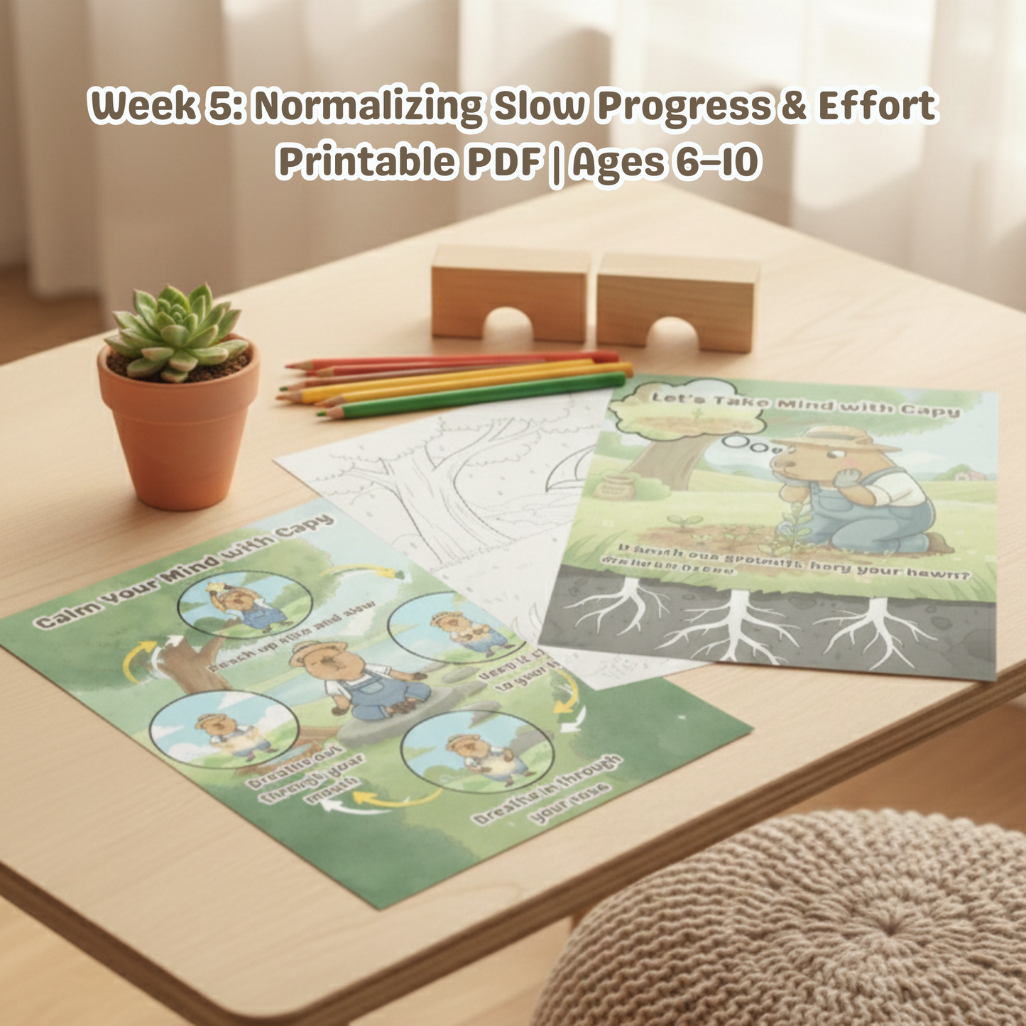 Flat lay of Week 5 Chill Capy Goals Journal pages on a desk with pencils and a small plant, showing reflection, coloring, and breathing exercise pages.