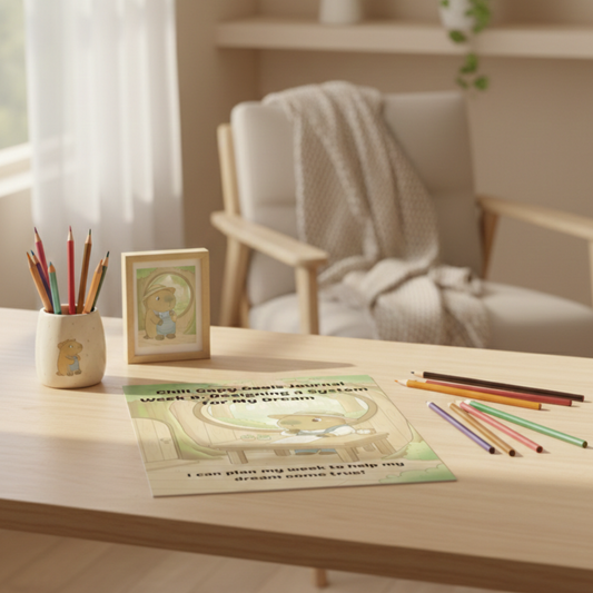 Chill Capy Goals Journal Week 8 printable worksheet displayed on cozy desk with colored pencils and soft natural light.