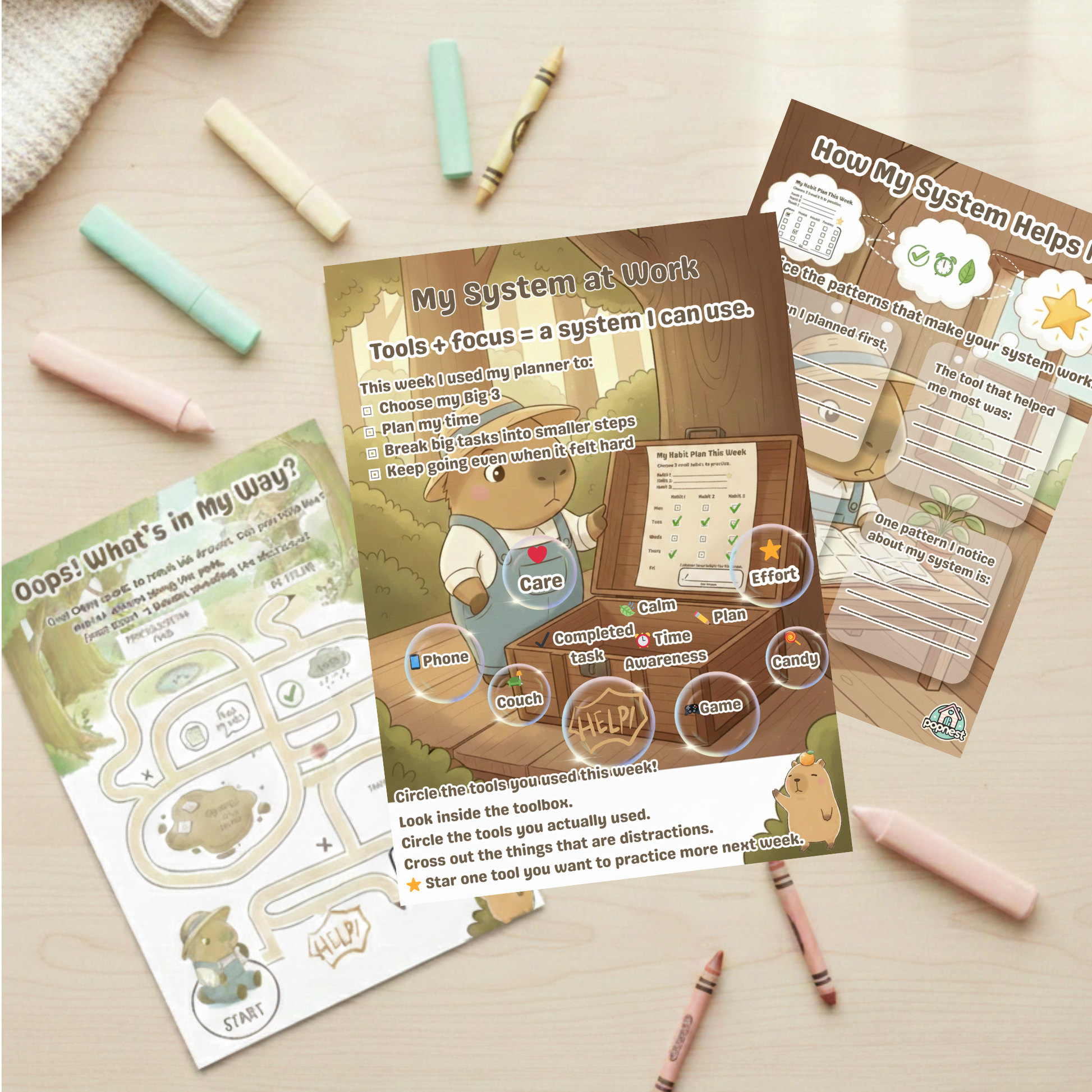 Printable Chill Capy Goals Journal worksheets arranged flat lay with pastel stationery.