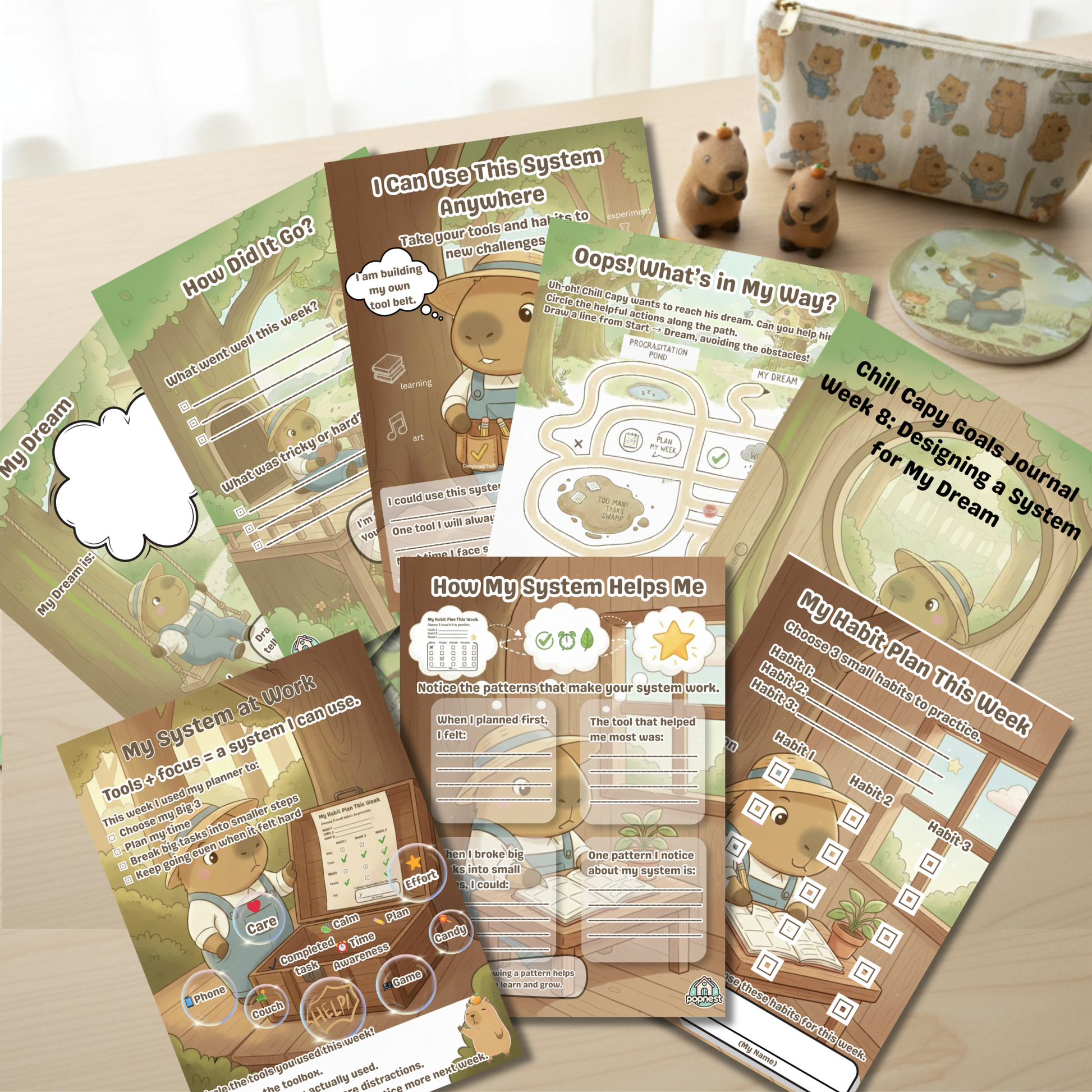 Chill Capy Goals Journal Week 8 printable pages preview layout.