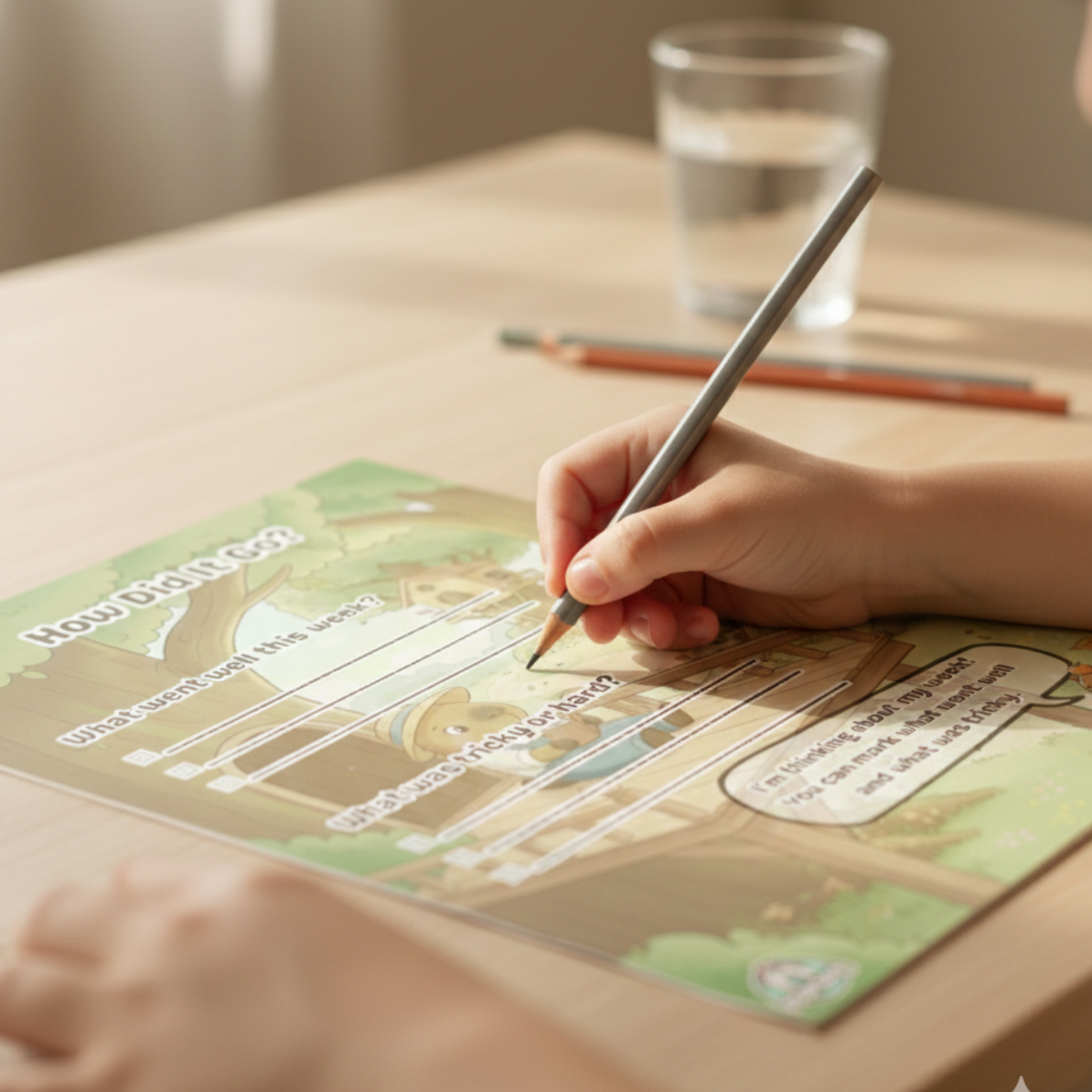 Close-up of child writing in Chill Capy Goals Journal printable goal worksheet.