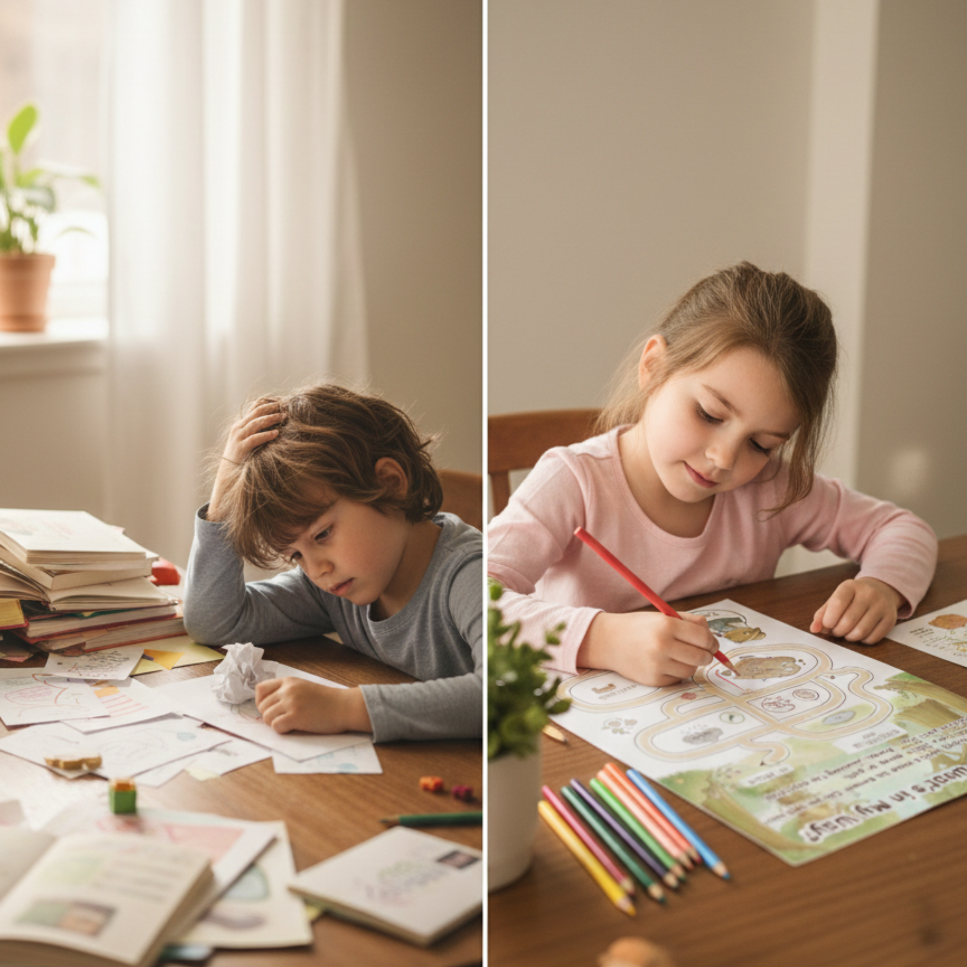 Before and after using Chill Capy Goals Journal printable for focus and organization.