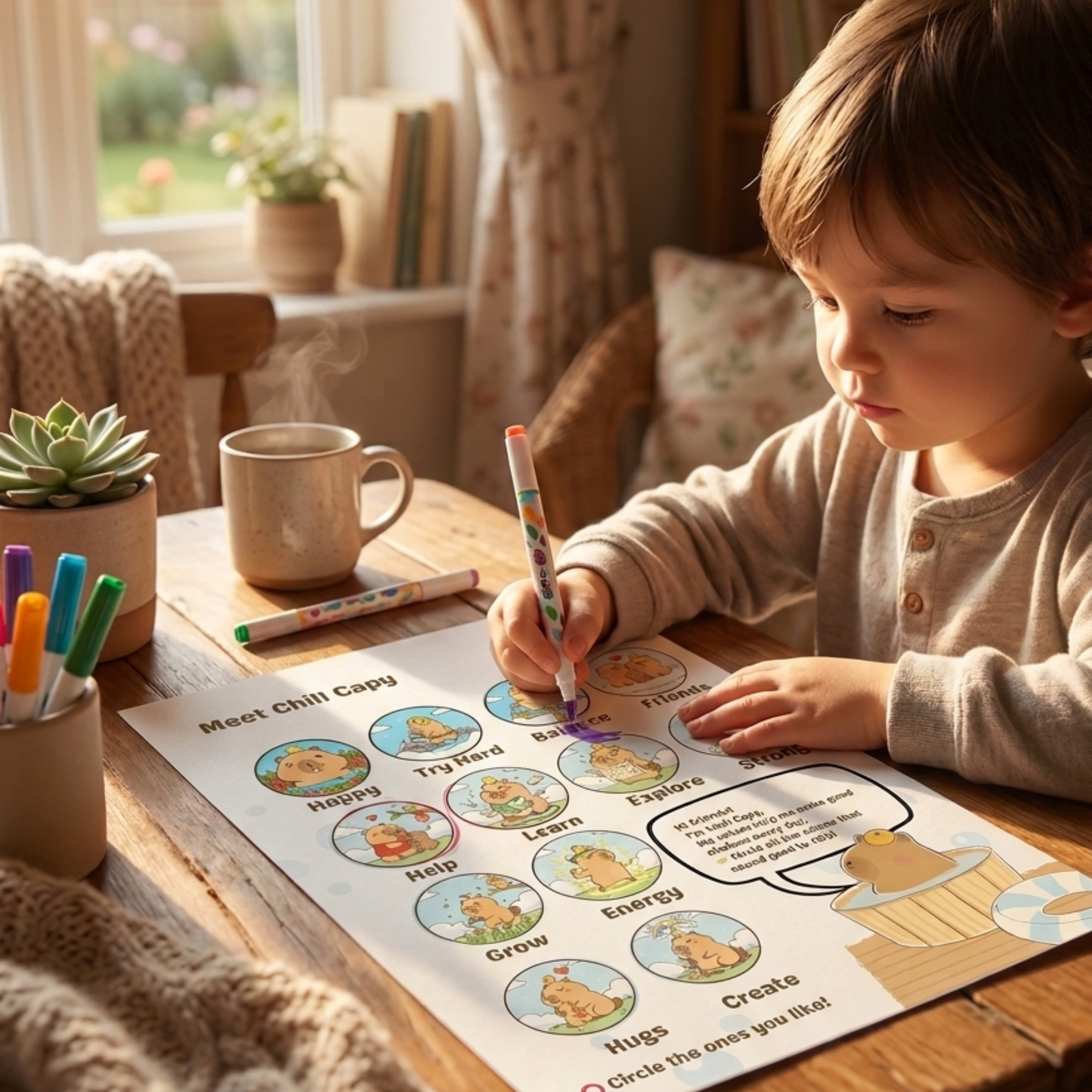 Chill Capy Kids Values & Confidence Bundle (Weeks 1–3) – Self-Awareness Journal + Interactive Sticker Activity (Ages 6–10 Printable)