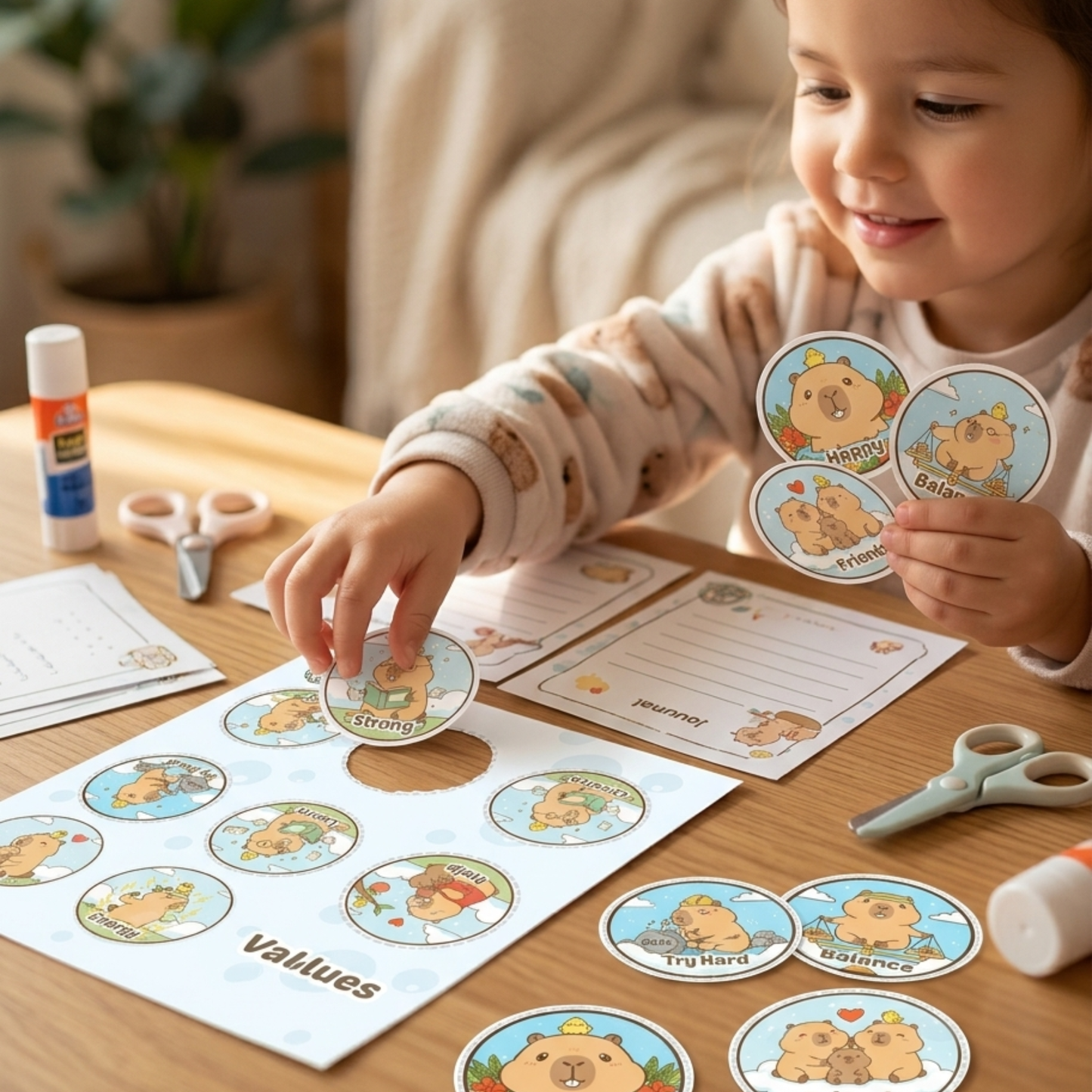 Chill Capy Kids Values & Confidence Bundle (Weeks 1–3) – Self-Awareness Journal + Interactive Sticker Activity (Ages 6–10 Printable)