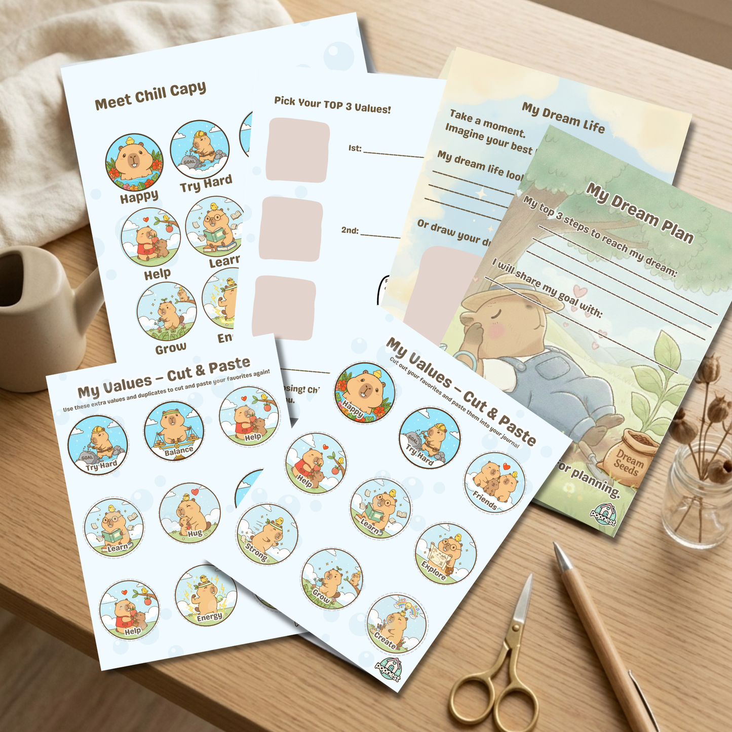 Chill Capy Kids Values & Confidence Bundle (Weeks 1–3) – Self-Awareness Journal + Interactive Sticker Activity (Ages 6–10 Printable)