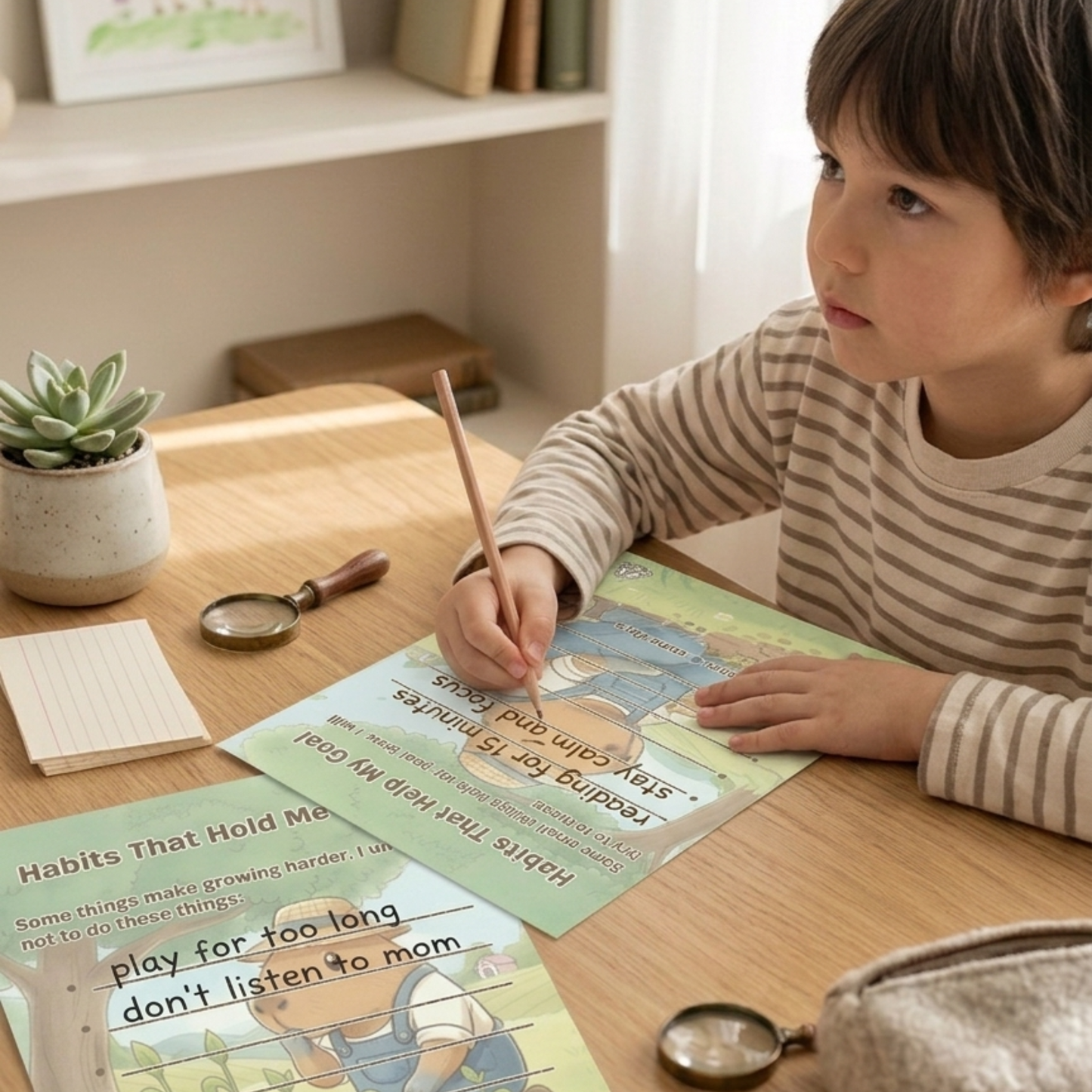 Flat lay of Chill Capy Weeks 4–6 journal pages including habit awareness, breathing exercise, and growth reflection with memory game cards.
