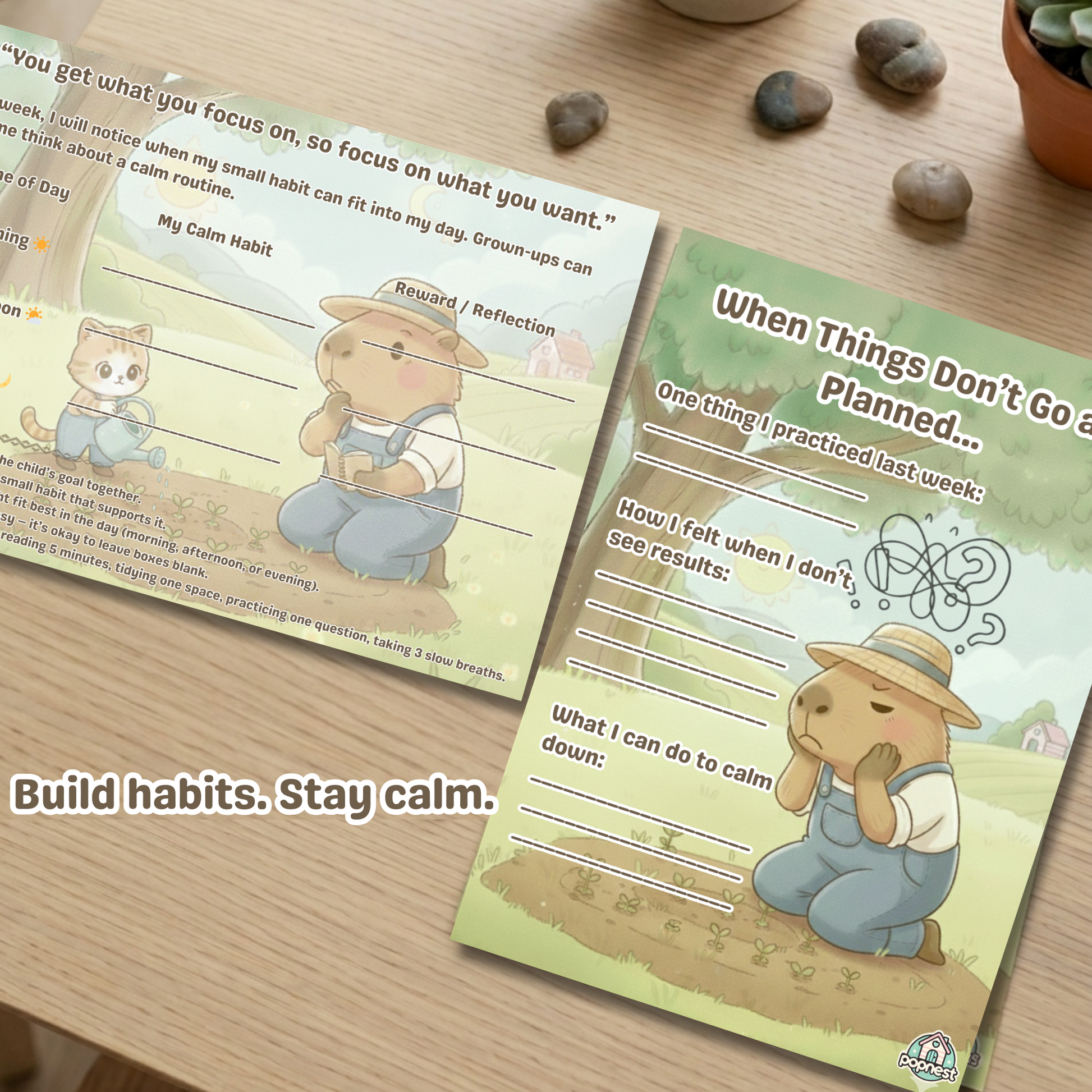 Chill Capy Weeks 4–6 journal pages showing habit planning and frustration reflection to help kids build routines and manage emotions.