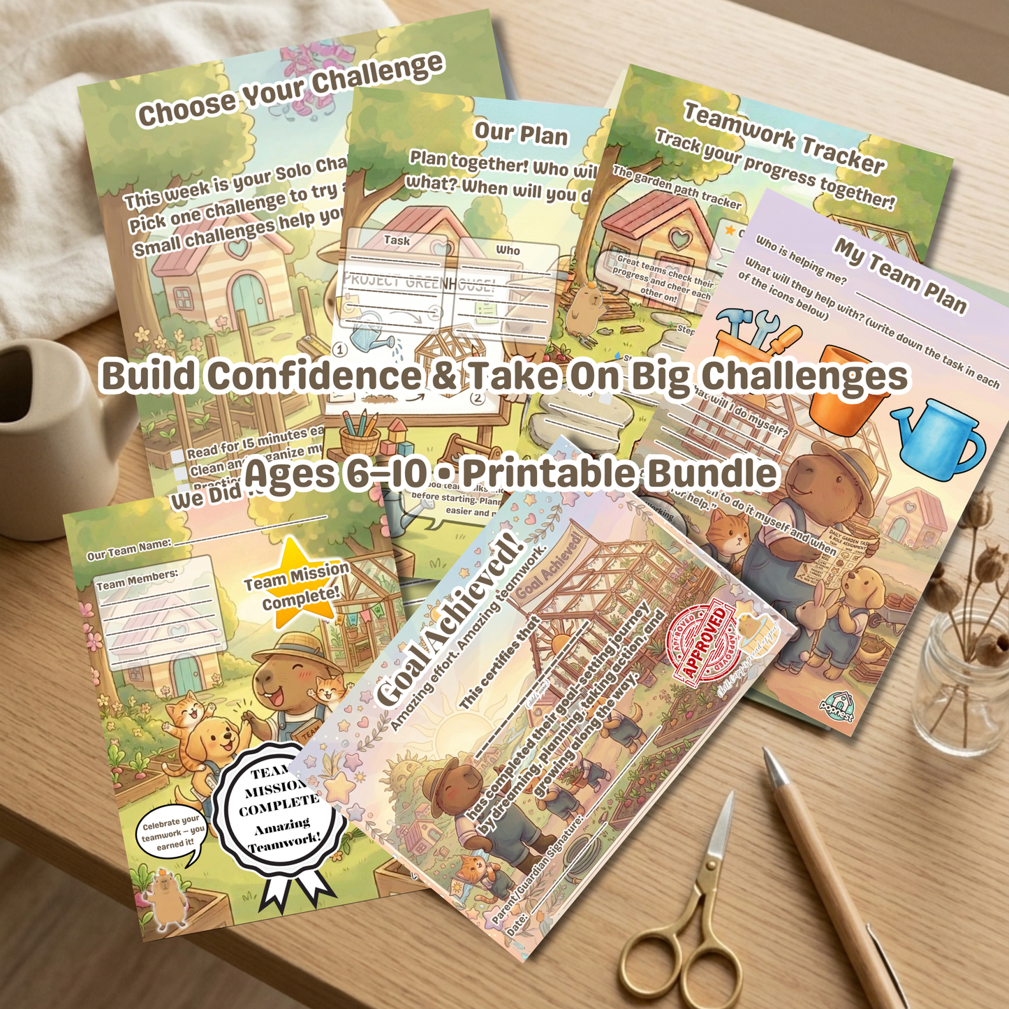 Chill Capy Kids Confidence & Big Challenge Bundle (Weeks 10–12) + Bonus Challenge Cards – Build Independence & Follow-Through (Ages 6–10 Printable)