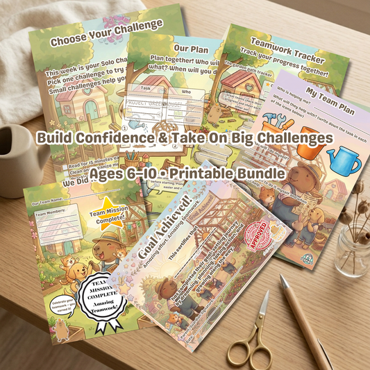 Chill Capy Kids Confidence & Big Challenge Bundle (Weeks 10–12) + Bonus Challenge Cards – Build Independence & Follow-Through (Ages 6–10 Printable)