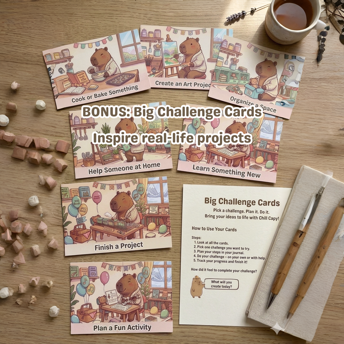 Chill Capy Kids Confidence & Big Challenge Bundle (Weeks 10–12) + Bonus Challenge Cards – Build Independence & Follow-Through (Ages 6–10 Printable)