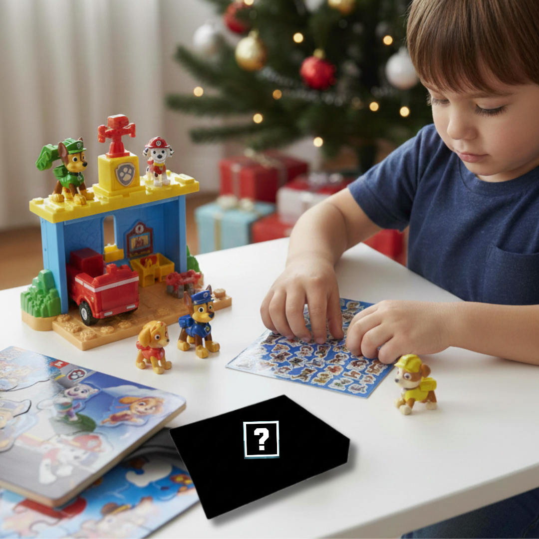 Child playing with Paw Patrol toys in front of a decorated Christmas tree - KWtoyszone | Proudly Canadian