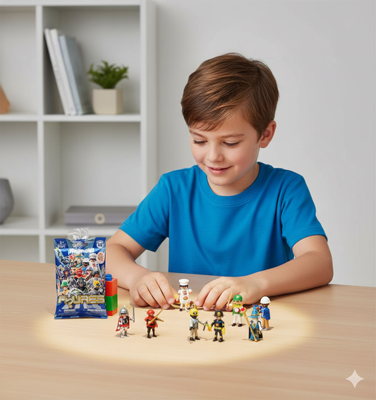 Child playing with toy figures on a table in a room with shelves in the background