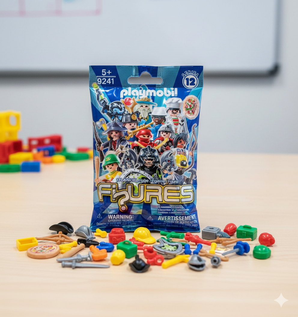Playmobil figures packaging with toy figures on a table