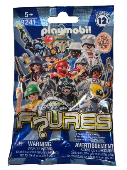 Playmobil figures packaging with various characters on a blue background