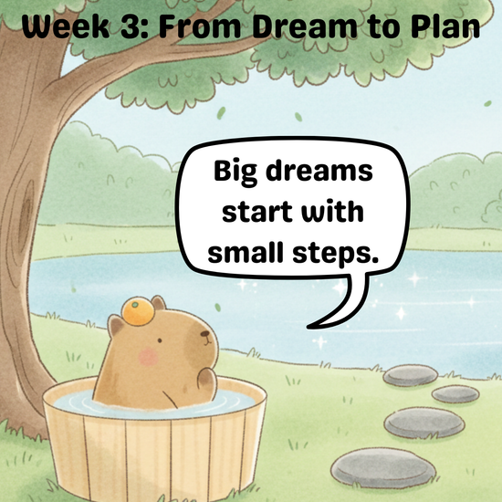 Chill Capy Goals Journal Week 3 reel for kids ages 6–10. Shows Chill Capy planting seeds in the garden, exploring journal pages for goal setting, and walking toward sprouts to check progress. Calm, pastel illustrations of garden, sprouts, and journal pages.