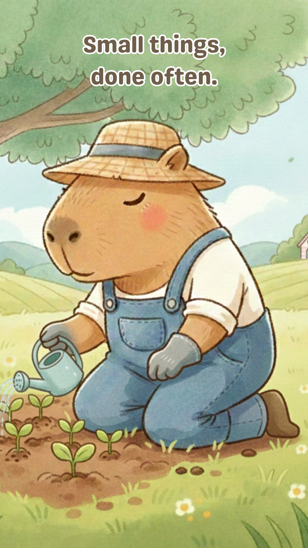 Chill Capy Goals Journal – Week 4: Kids ages 6–10 learning small habits and calm routines. Reel shows Chill Capy walking toward a garden, thinking with journal open, watering sprouts, and gently pulling weeds. Calm, pastel illustrations of garden, sprouts, and journal pages.