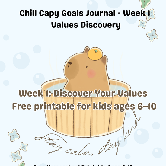 Chill Capy Goals Journal Week 1 reel for kids ages 6–10. Shows Chill Capy introducing himself, planting dream seeds in a garden, exploring the journal pages, and starting to notice goals. Calm, pastel illustrations of garden, sprouts, and journal pages.